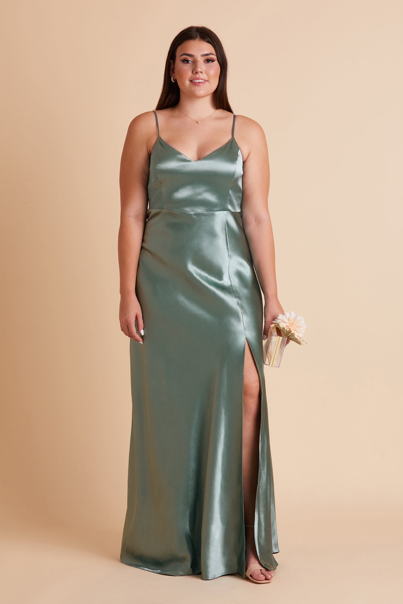 V-Neck Spaghetti Strap Satin Dress with Leg Slit | Jay Shiny