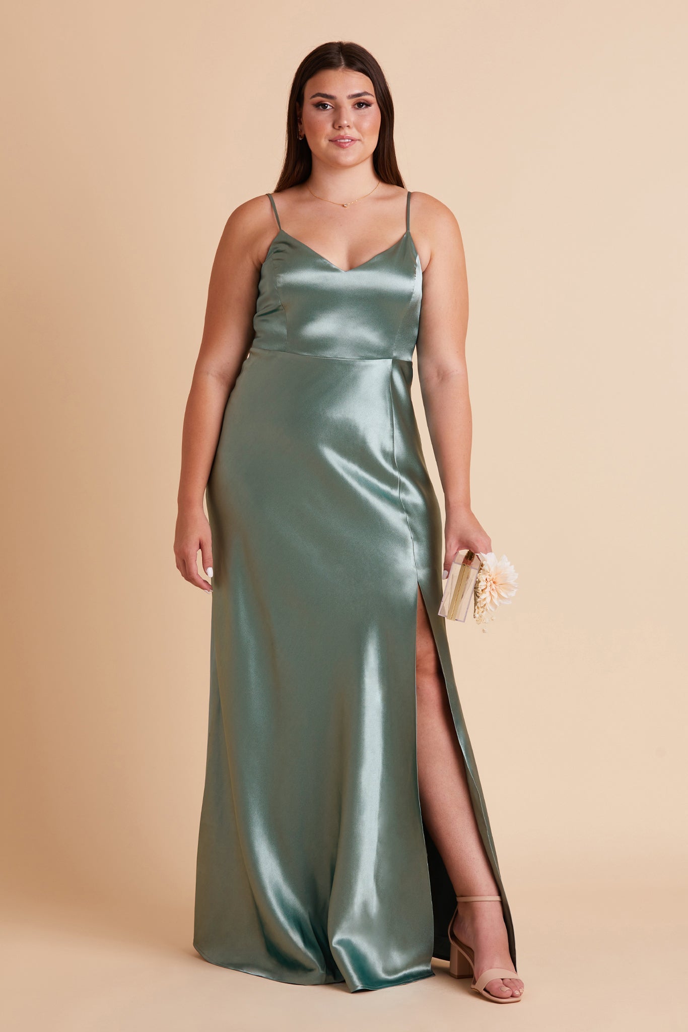 V-Neck Spaghetti Strap Satin Dress with Leg Slit | Jay Shiny