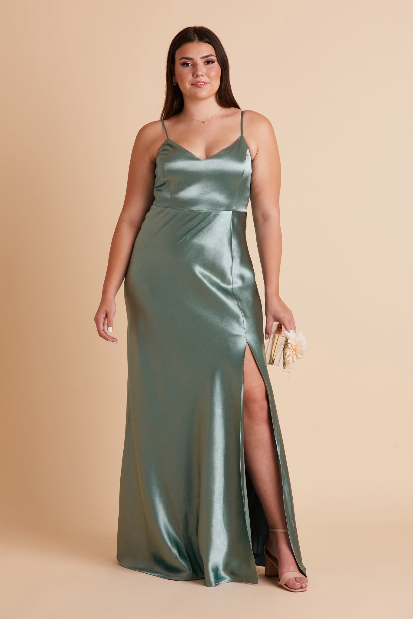 V-Neck Spaghetti Strap Satin Dress with Leg Slit | Jay Shiny