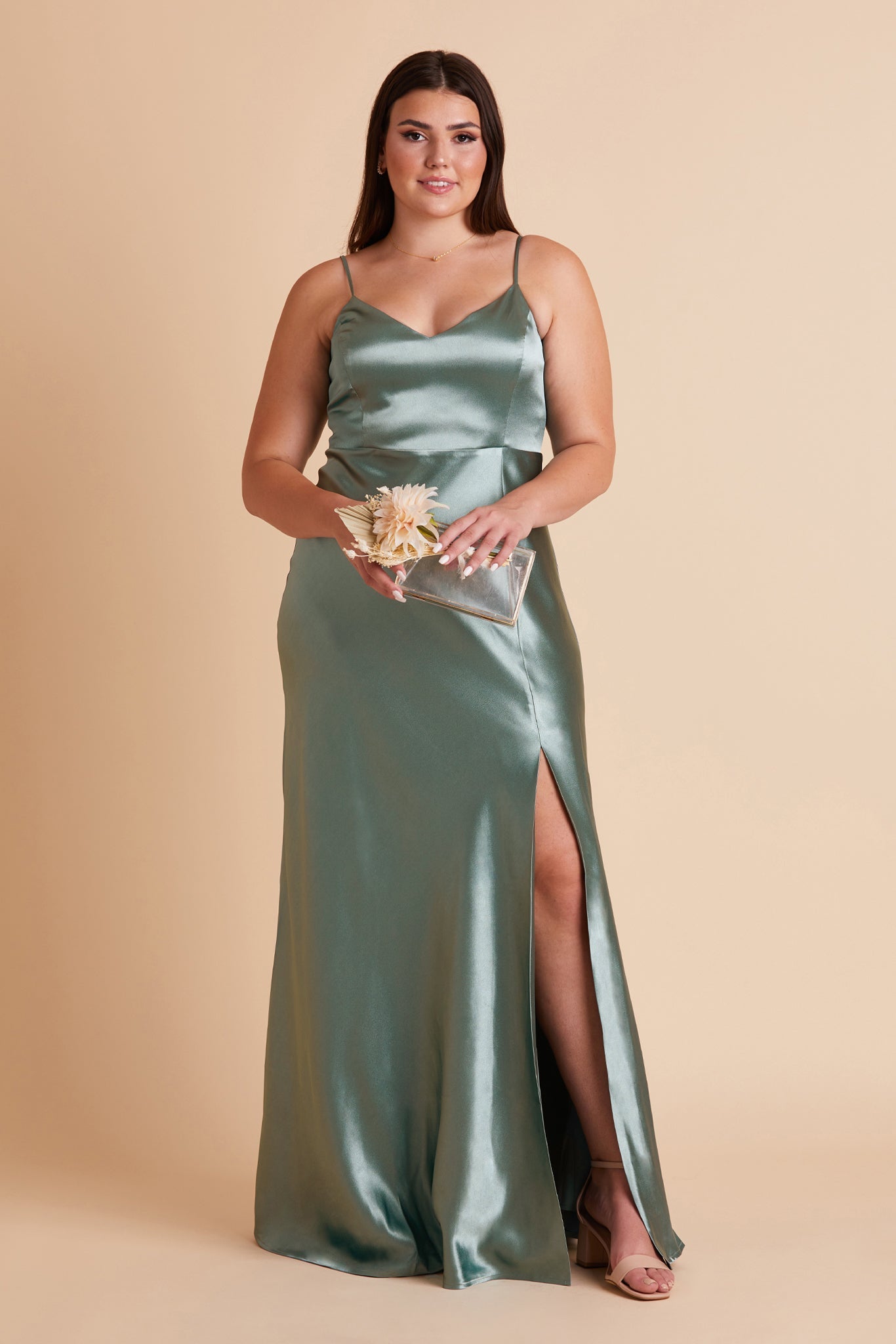 V-Neck Spaghetti Strap Satin Dress with Leg Slit | Jay Shiny