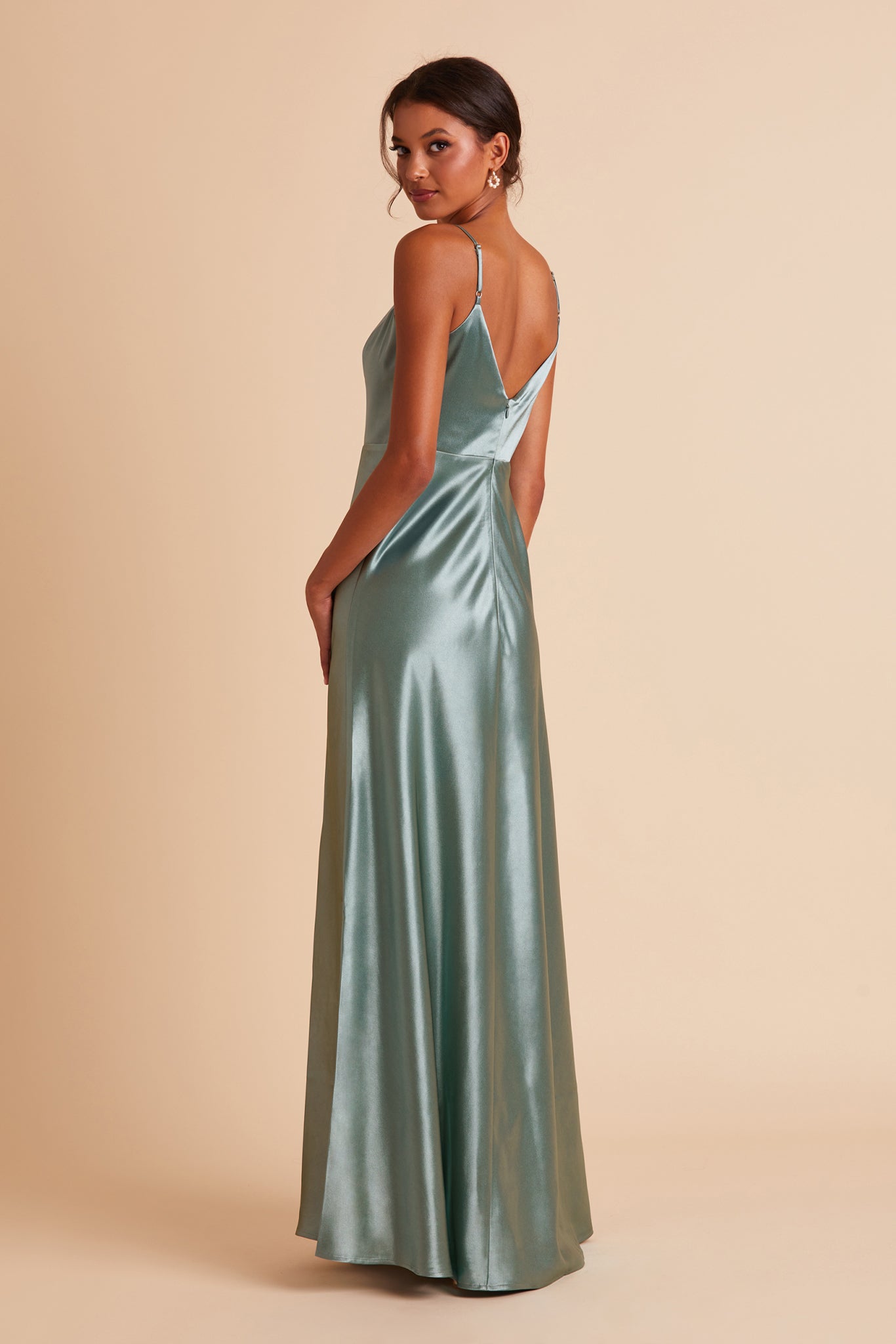 V-Neck Spaghetti Strap Satin Dress with Leg Slit | Jay Shiny