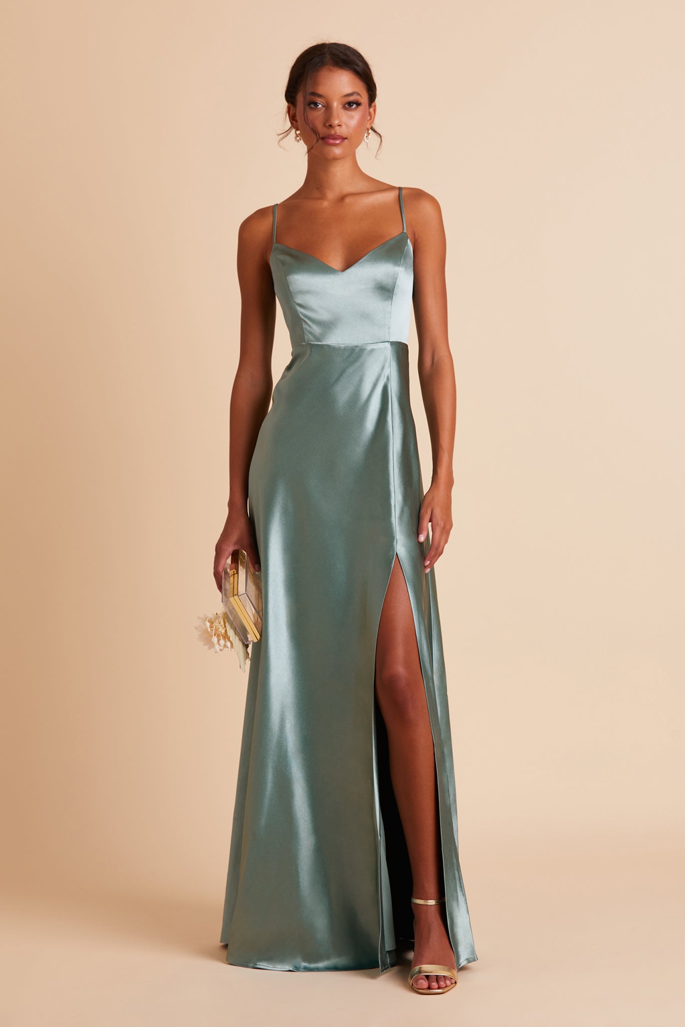 V-Neck Spaghetti Strap Satin Dress with Leg Slit | Jay Shiny