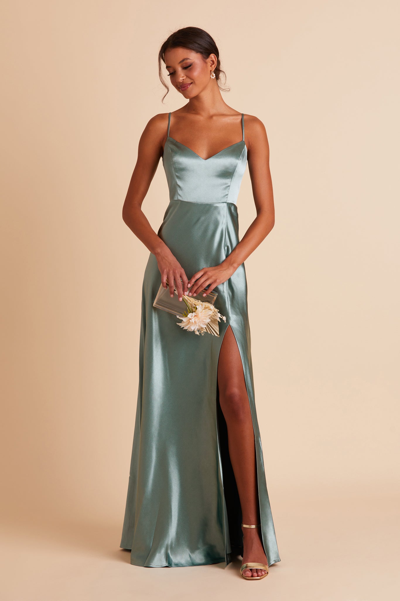 V-Neck Spaghetti Strap Satin Dress with Leg Slit | Jay Shiny