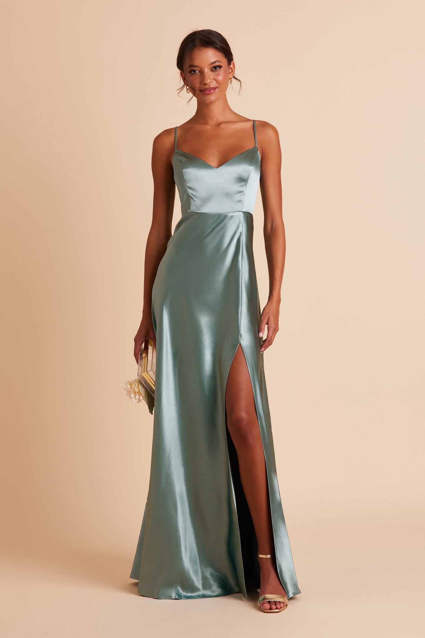 V-Neck Spaghetti Strap Satin Dress with Leg Slit | Jay Shiny