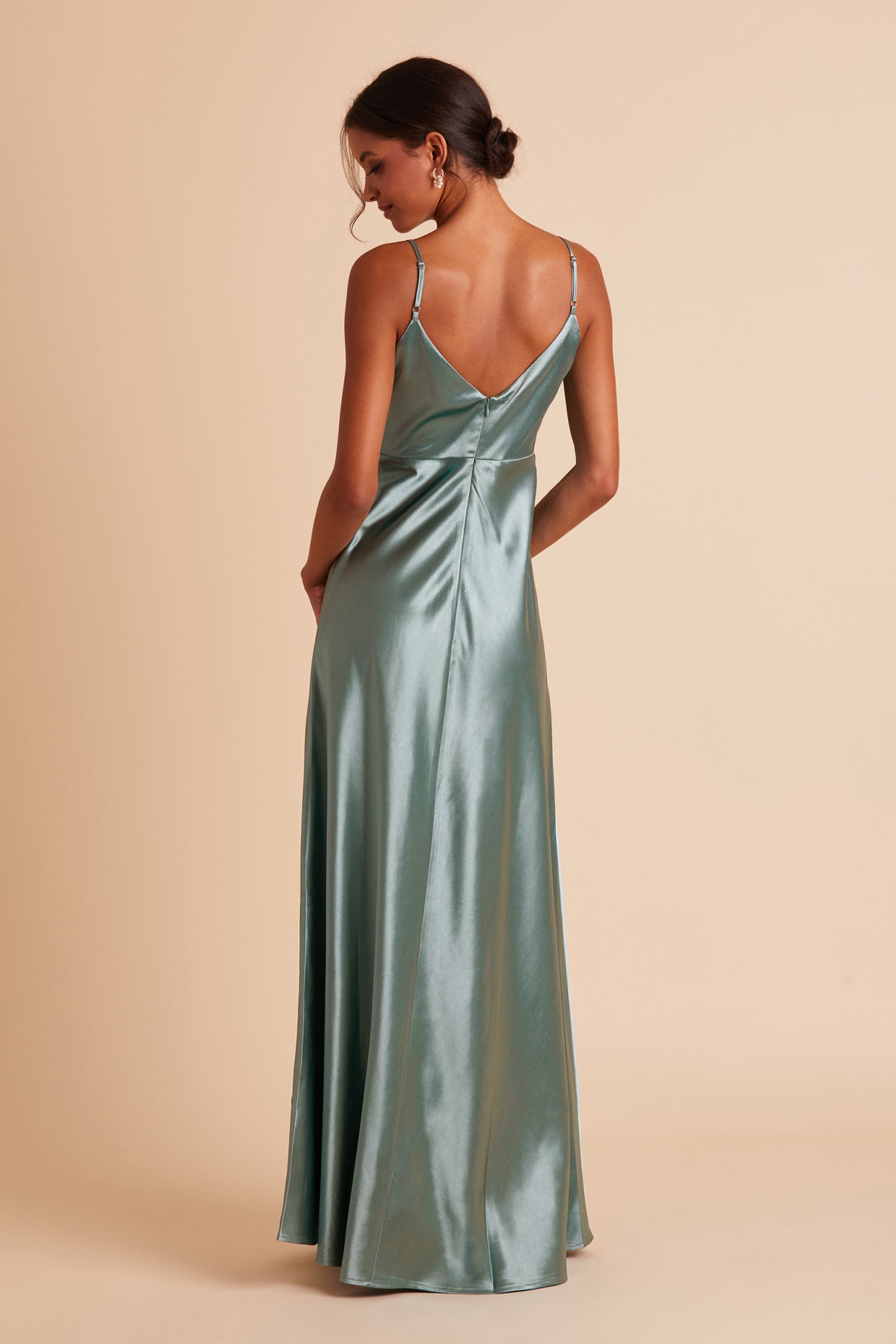 V-Neck Spaghetti Strap Satin Dress with Leg Slit | Jay Shiny