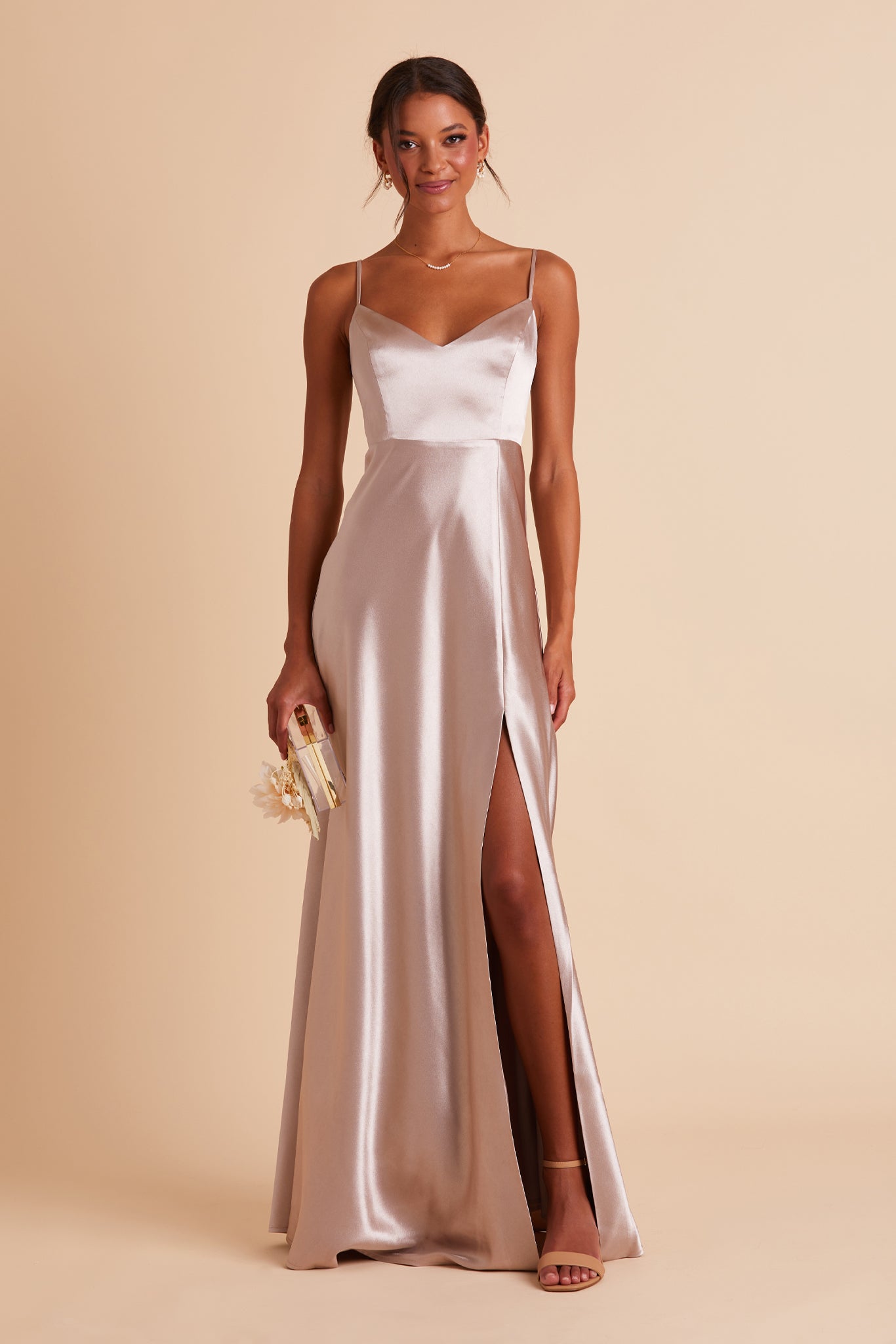 V-Neck Satin Dress with Leg Slit | Jay Shiny Taupe