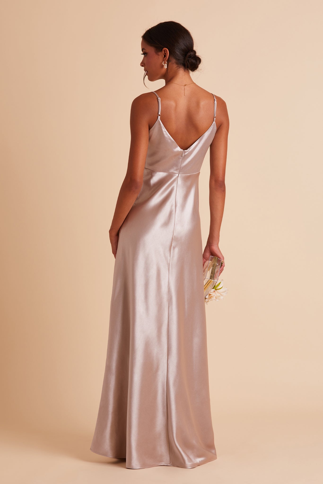 V-Neck Satin Dress with Leg Slit | Jay Shiny Taupe