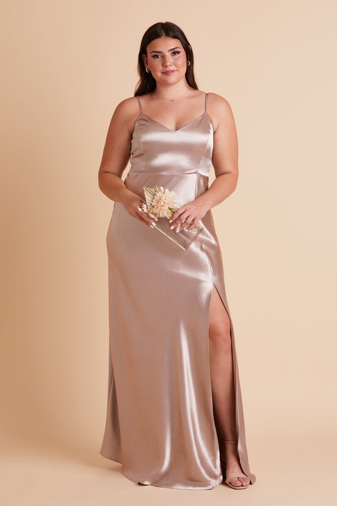 V-Neck Satin Dress with Leg Slit | Jay Shiny Taupe