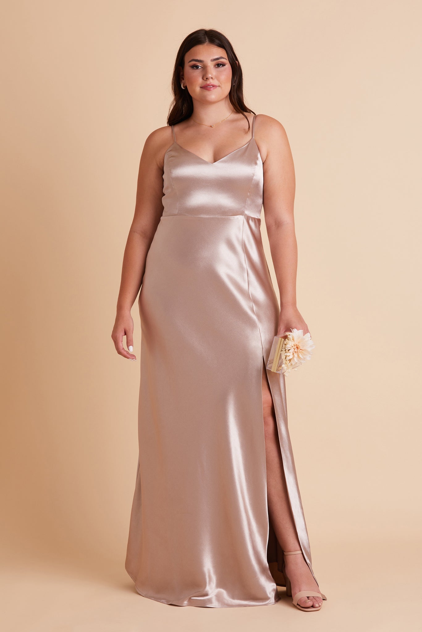 V-Neck Satin Dress with Leg Slit | Jay Shiny Taupe