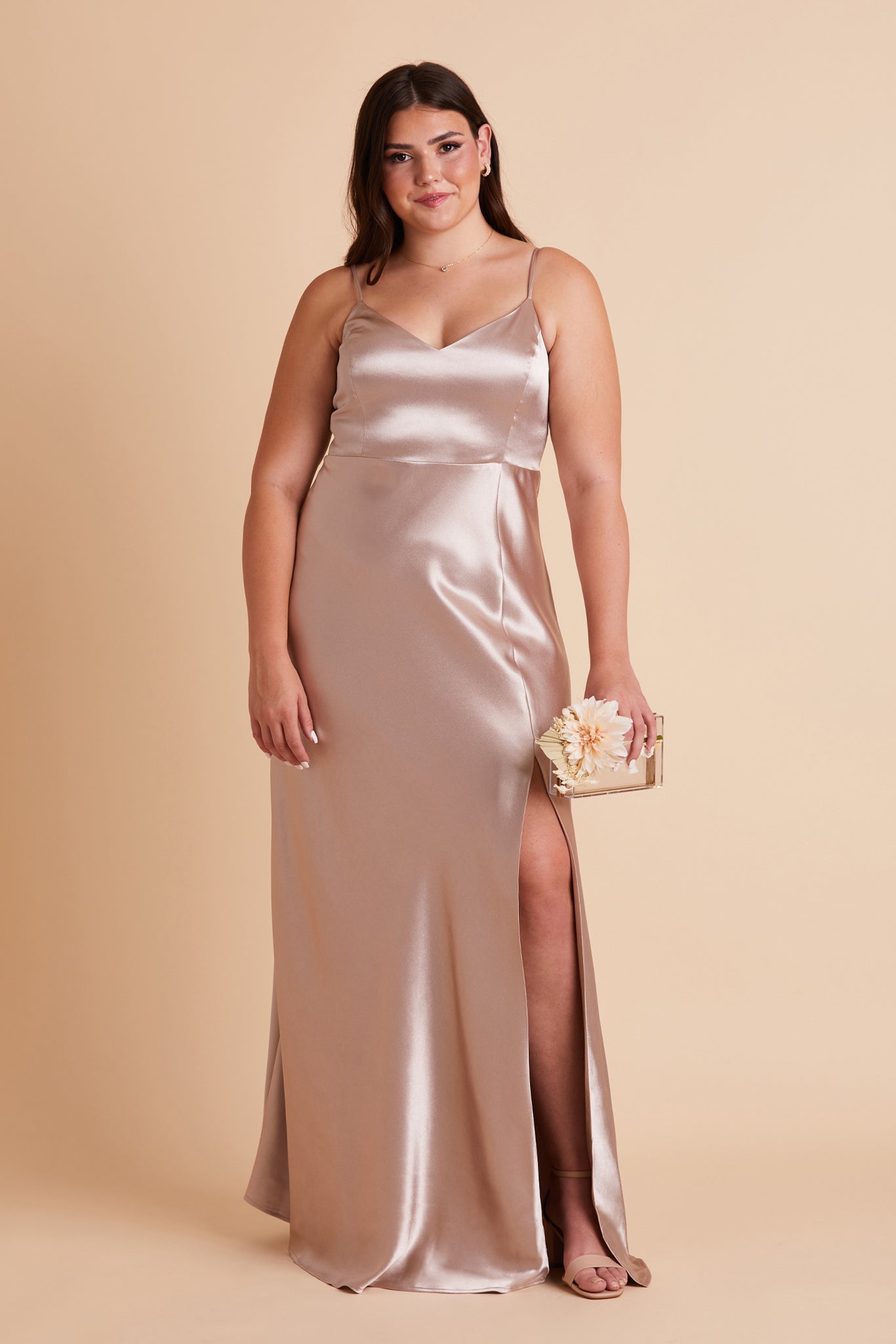 V-Neck Satin Dress with Leg Slit | Jay Shiny Taupe