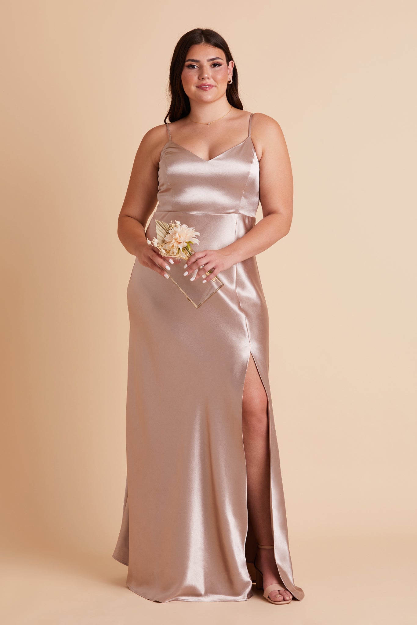 V-Neck Satin Dress with Leg Slit | Jay Shiny Taupe