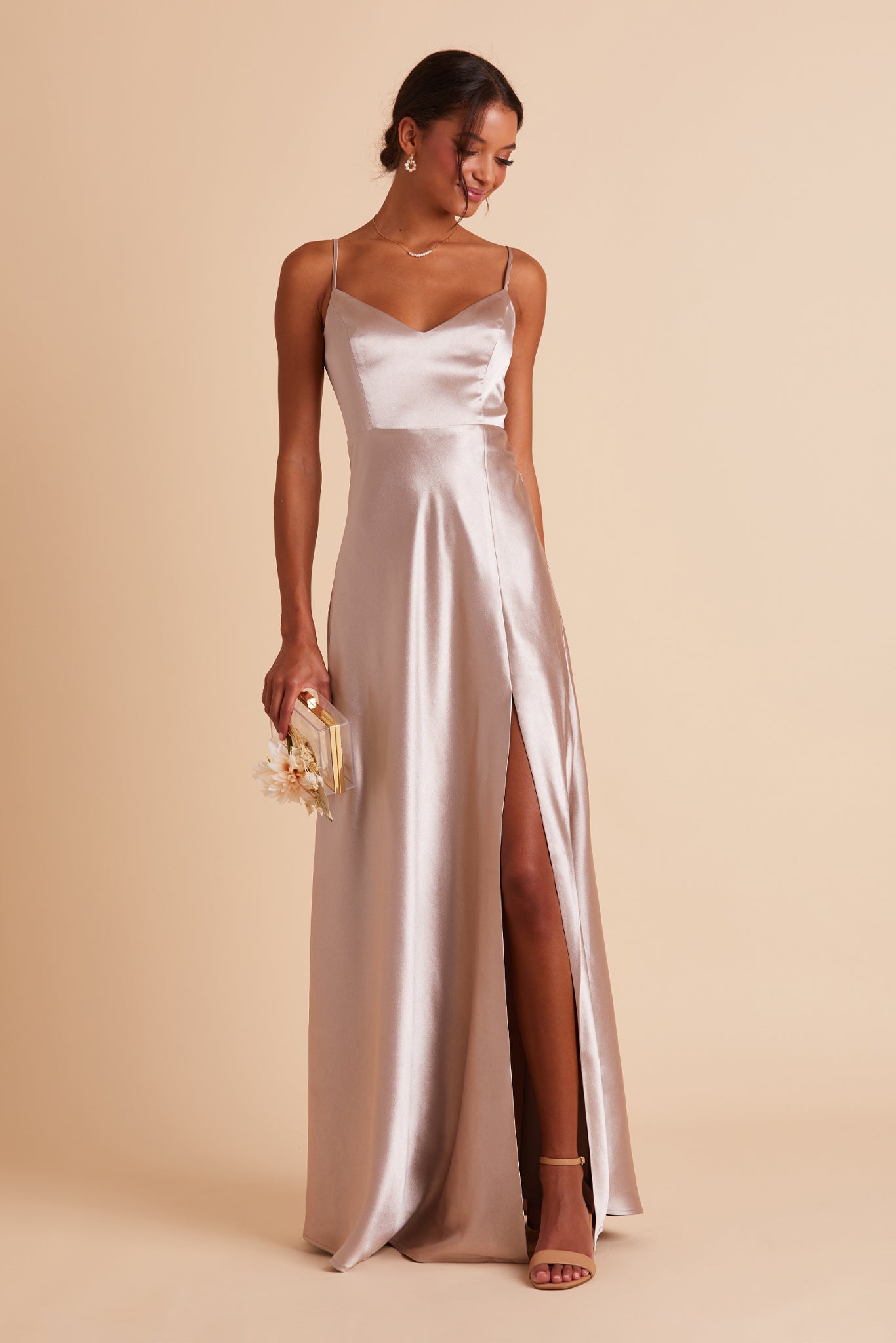 V-Neck Satin Dress with Leg Slit | Jay Shiny Taupe