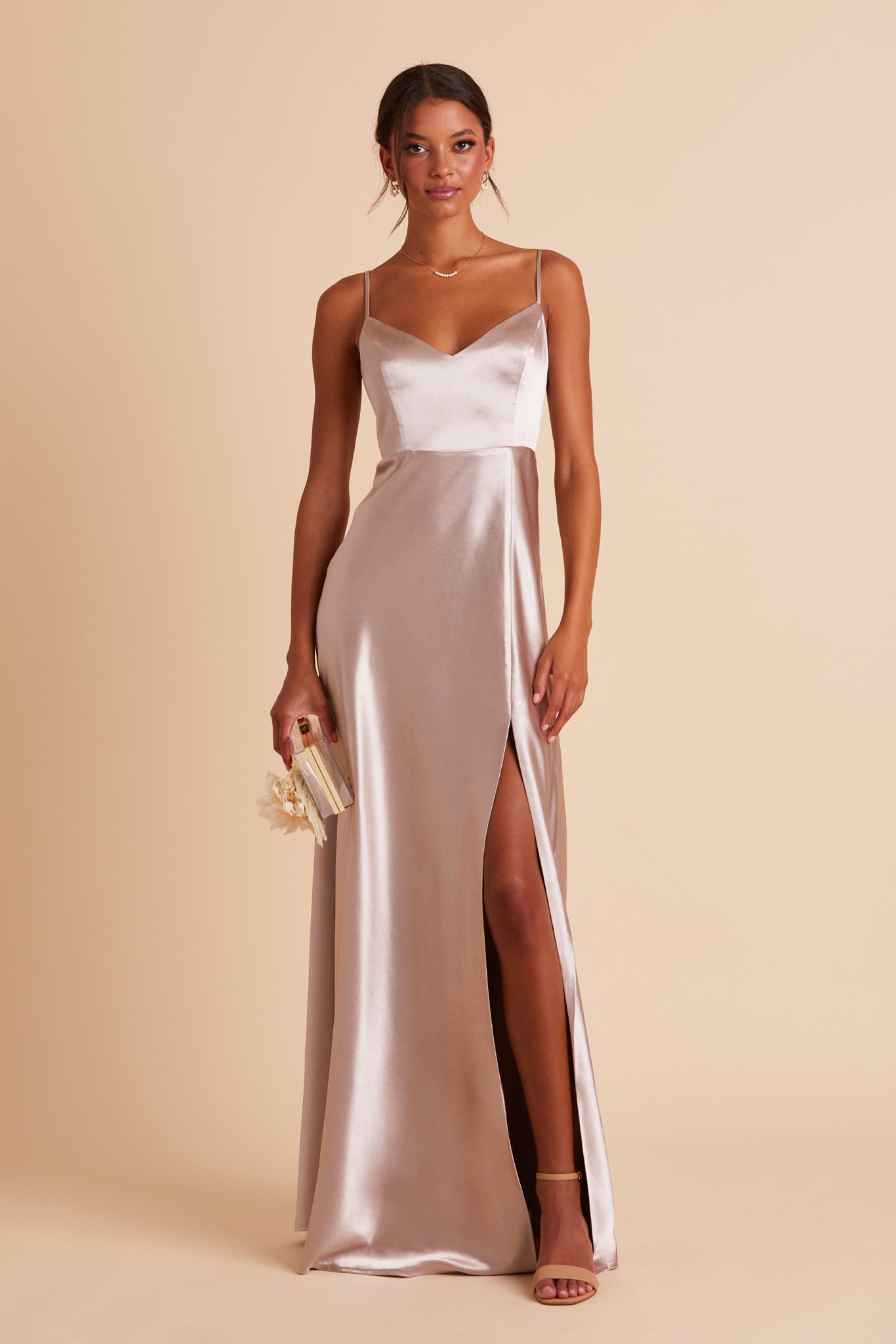 V-Neck Satin Dress with Leg Slit | Jay Shiny Taupe
