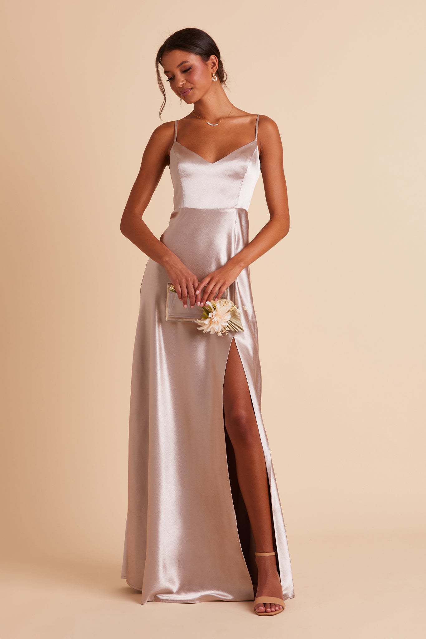 V-Neck Satin Dress with Leg Slit | Jay Shiny Taupe