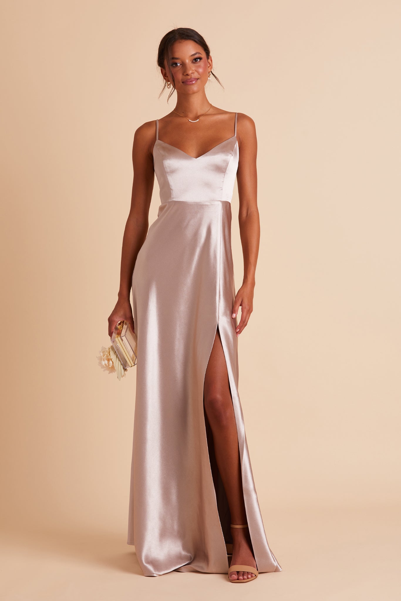 V-Neck Satin Dress with Leg Slit | Jay Shiny Taupe