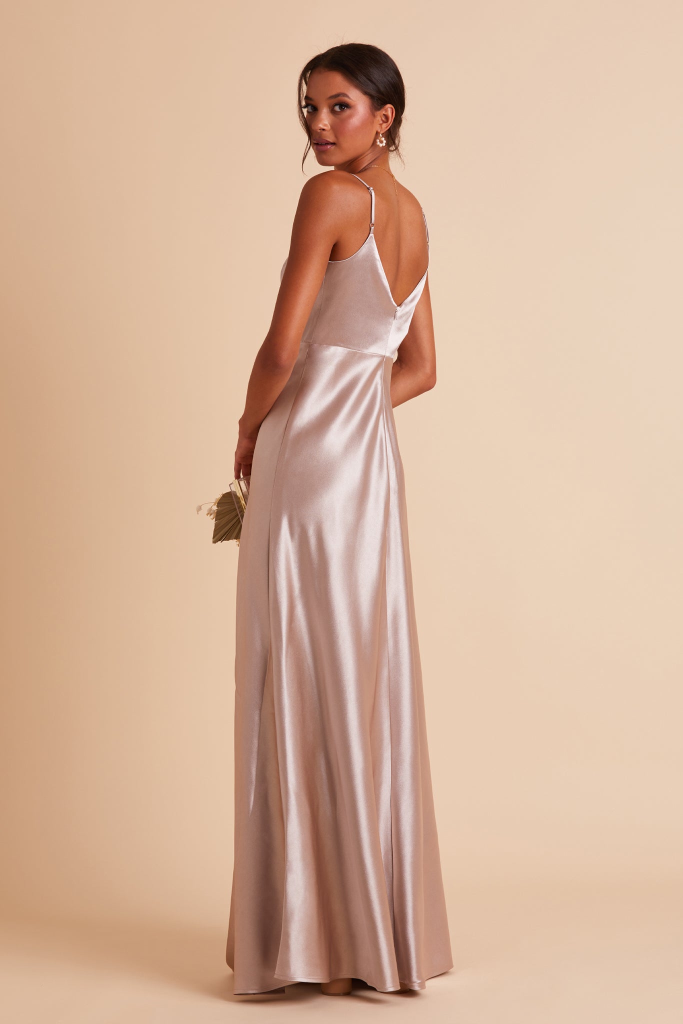 V-Neck Satin Dress with Leg Slit | Jay Shiny Taupe