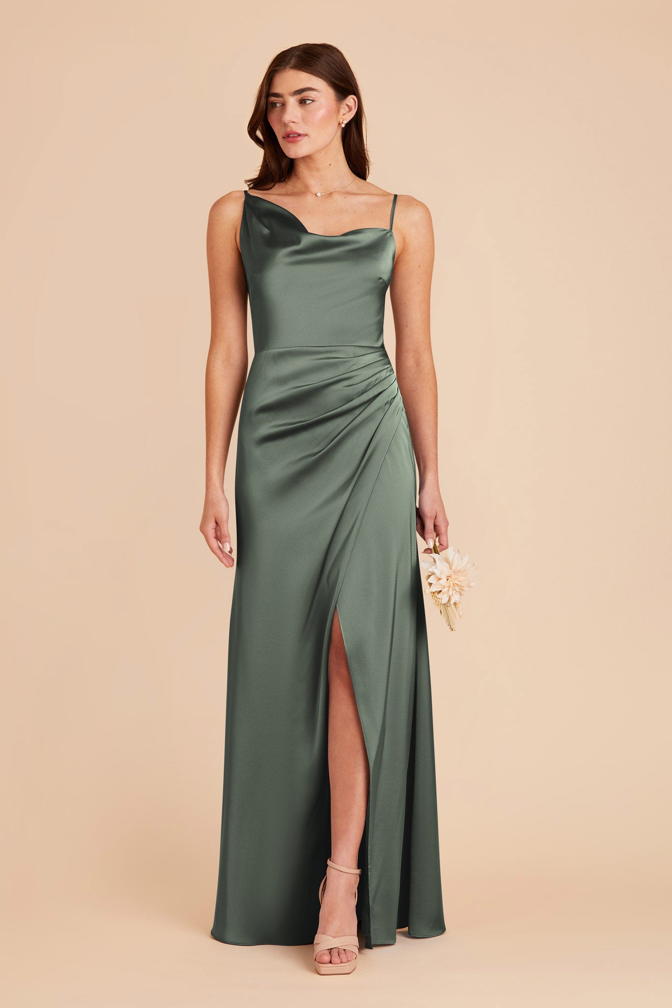 Matte Satin Dress with Asymmetrical Neckline | Jennifer - Eucalyptus