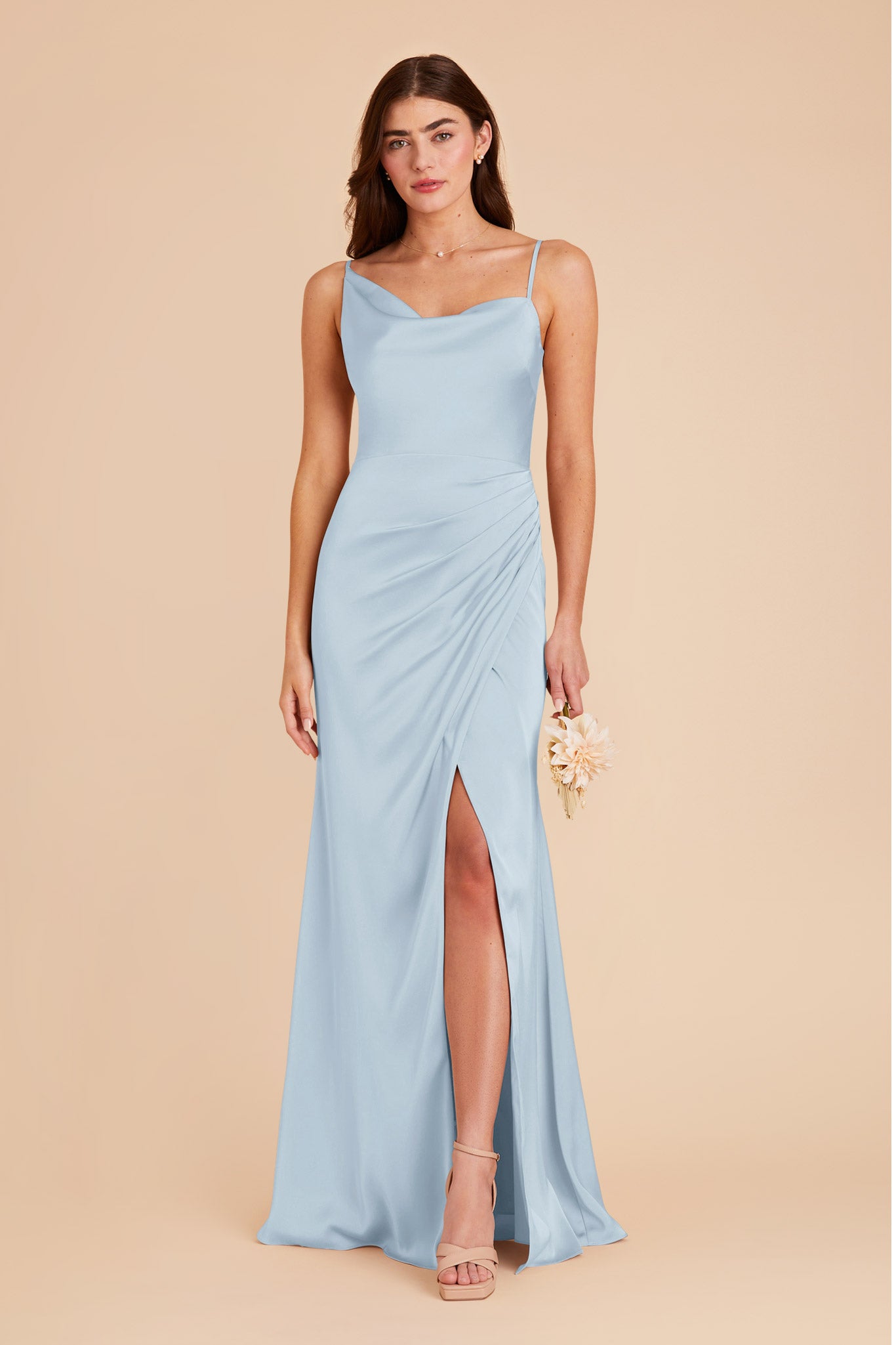 Matte Satin Dress with Asymmetrical Neckline | Jennifer Mist Blue