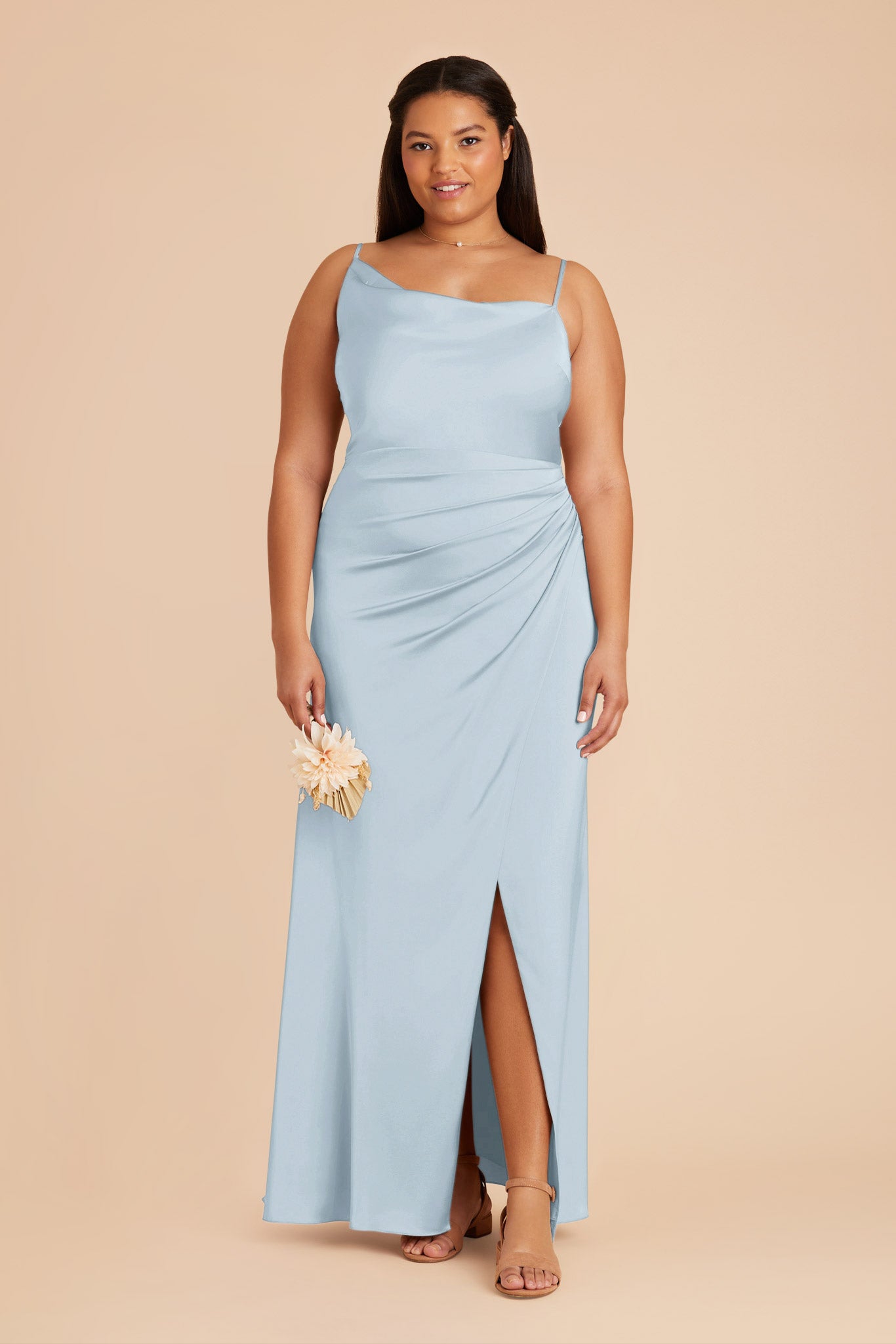 Matte Satin Dress with Asymmetrical Neckline | Jennifer Mist Blue