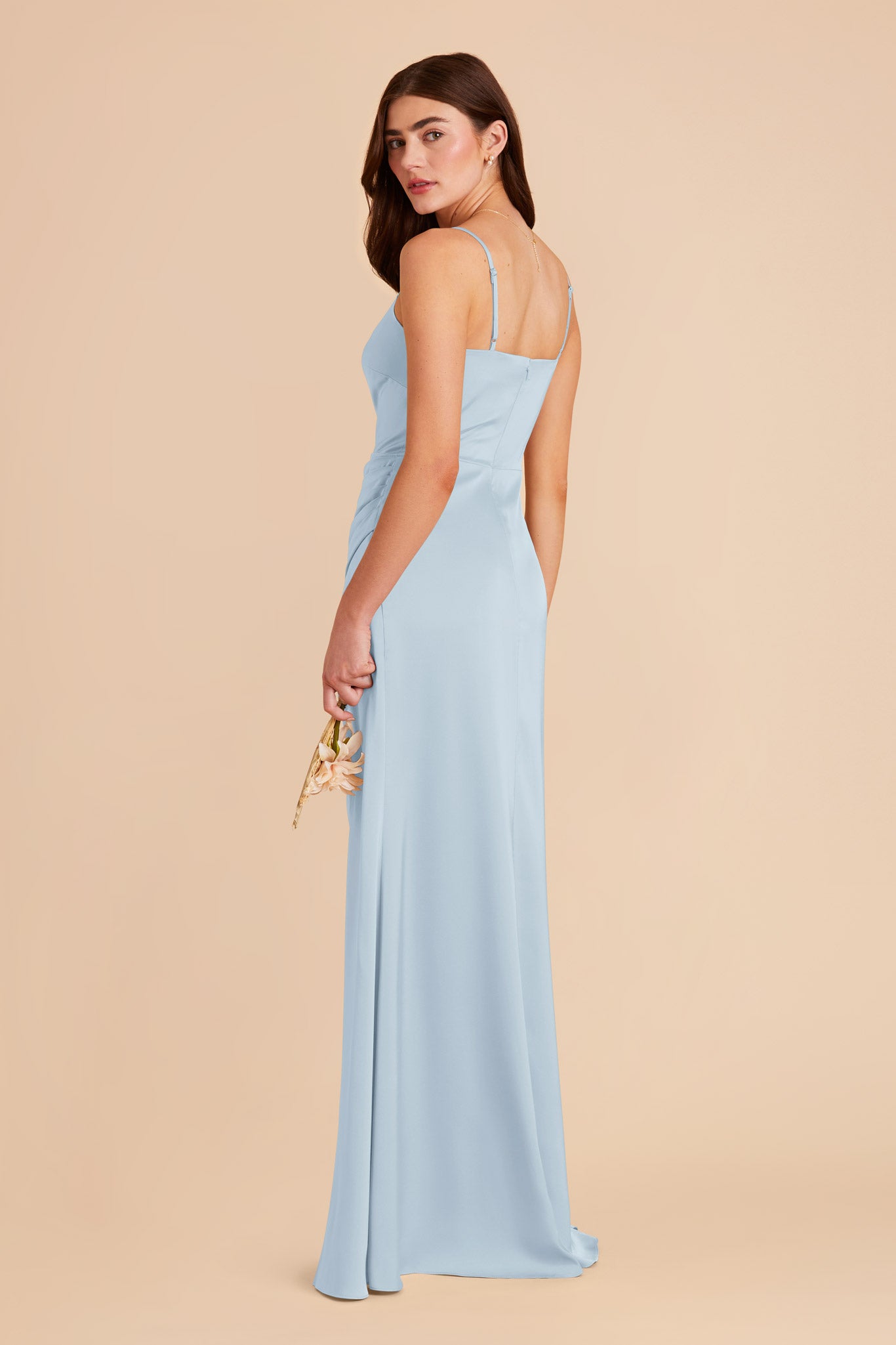 Matte Satin Dress with Asymmetrical Neckline | Jennifer Mist Blue