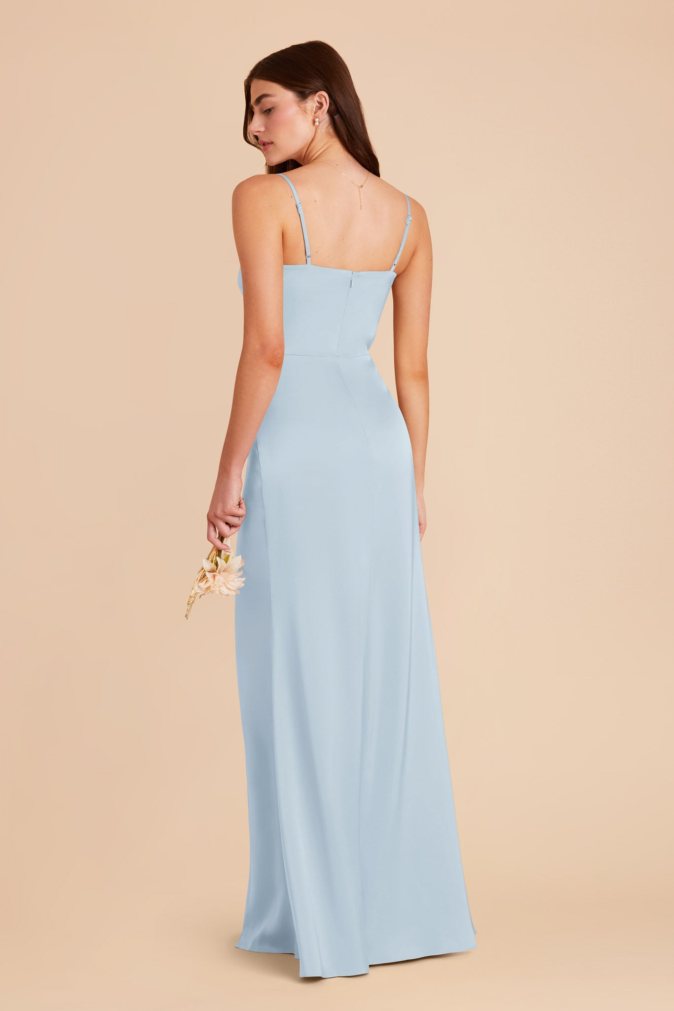 Matte Satin Dress with Asymmetrical Neckline | Jennifer Mist Blue