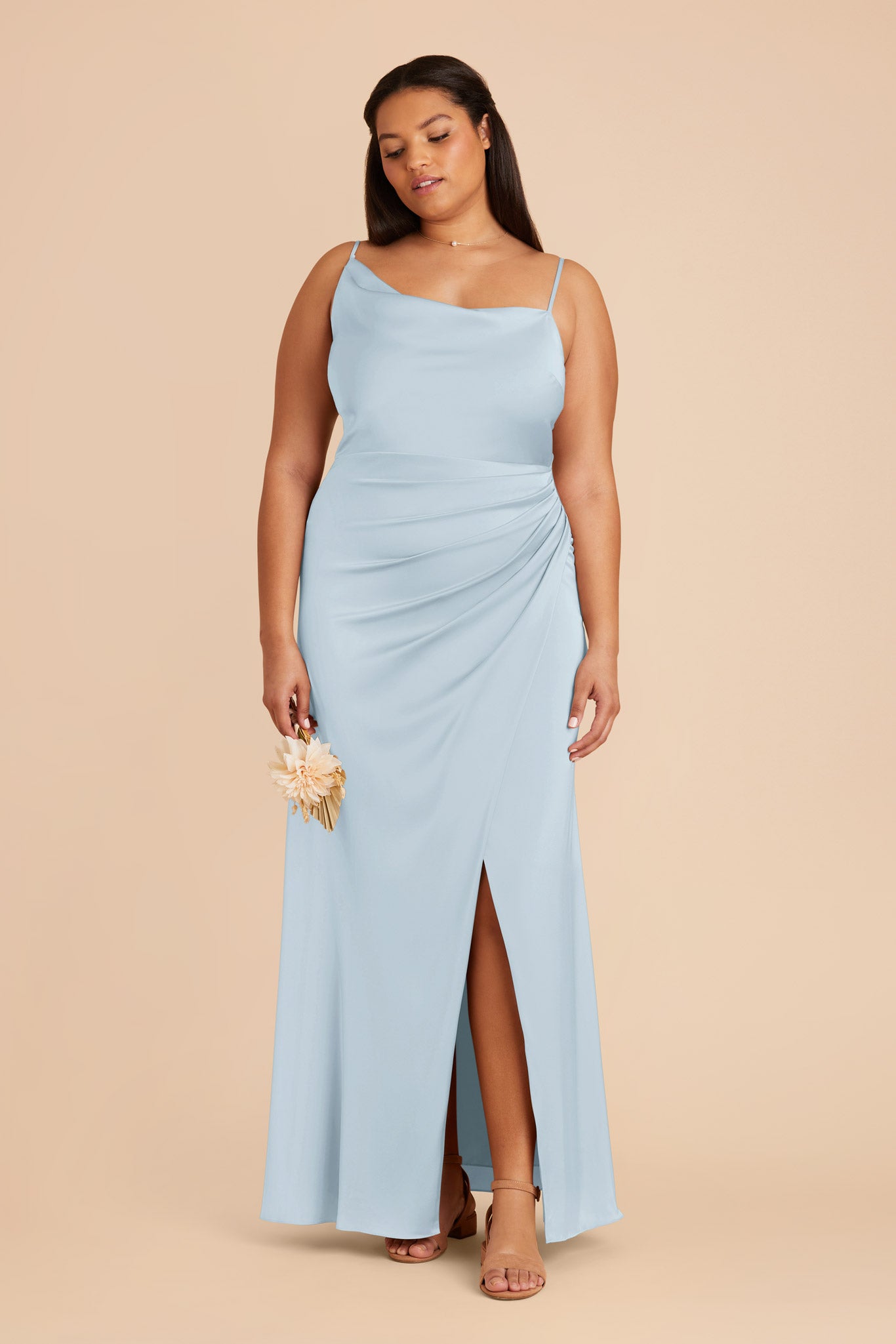 Matte Satin Dress with Asymmetrical Neckline | Jennifer Mist Blue
