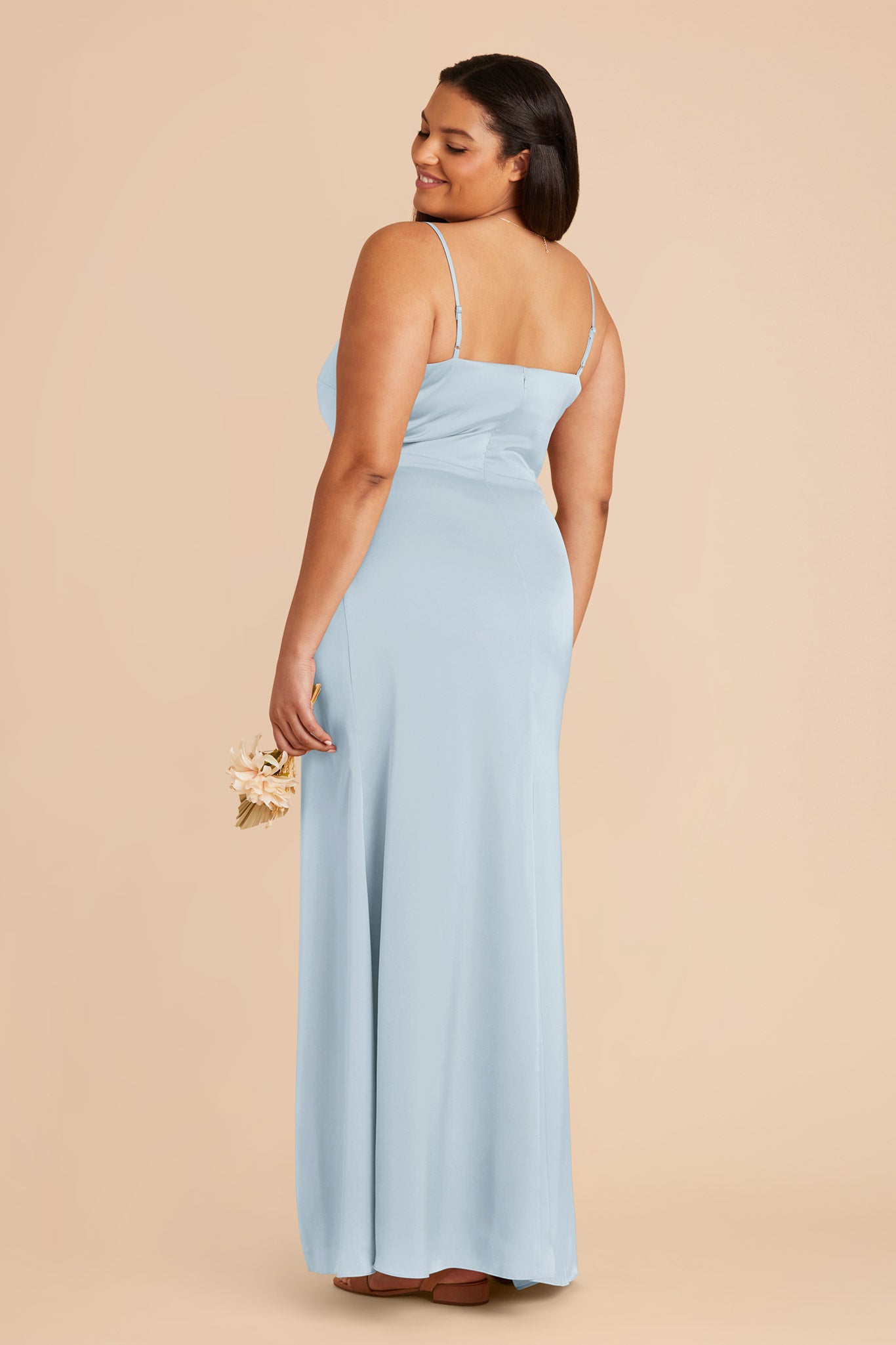Matte Satin Dress with Asymmetrical Neckline | Jennifer Mist Blue