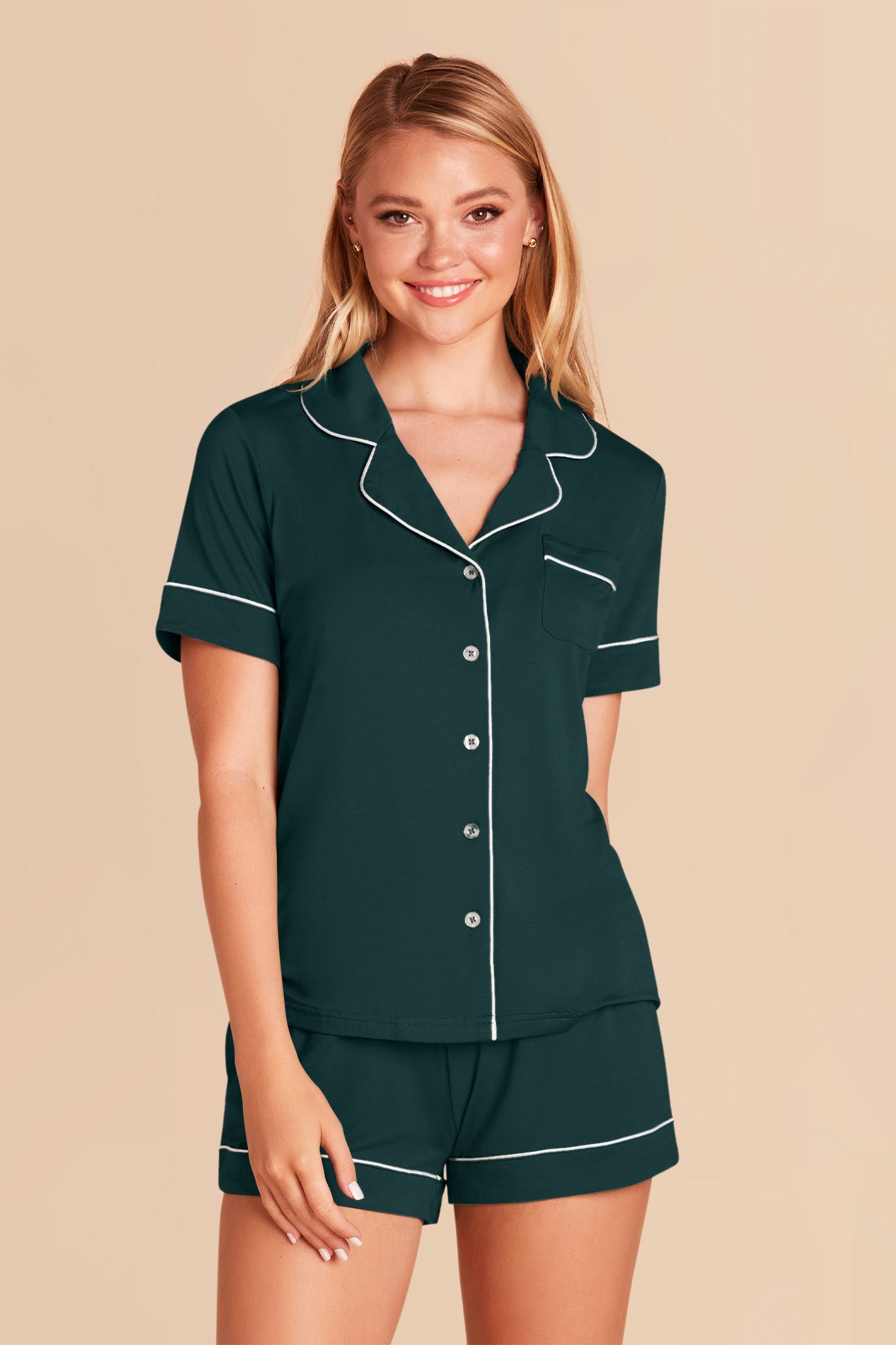 Bridesmaid Pajama Set with Piping | Jonny - Emerald
