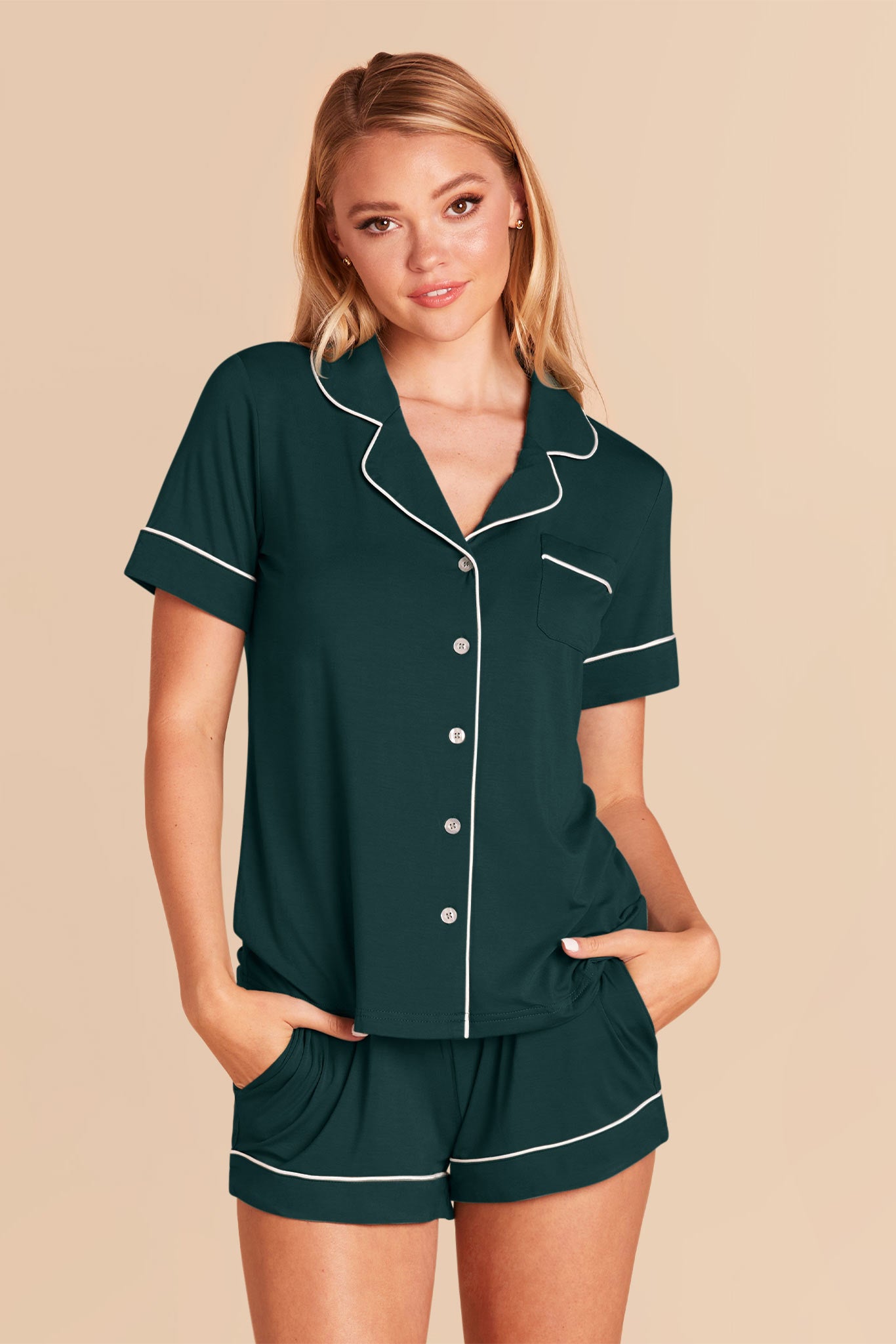 Bridesmaid Pajama Set with Piping | Jonny - Emerald