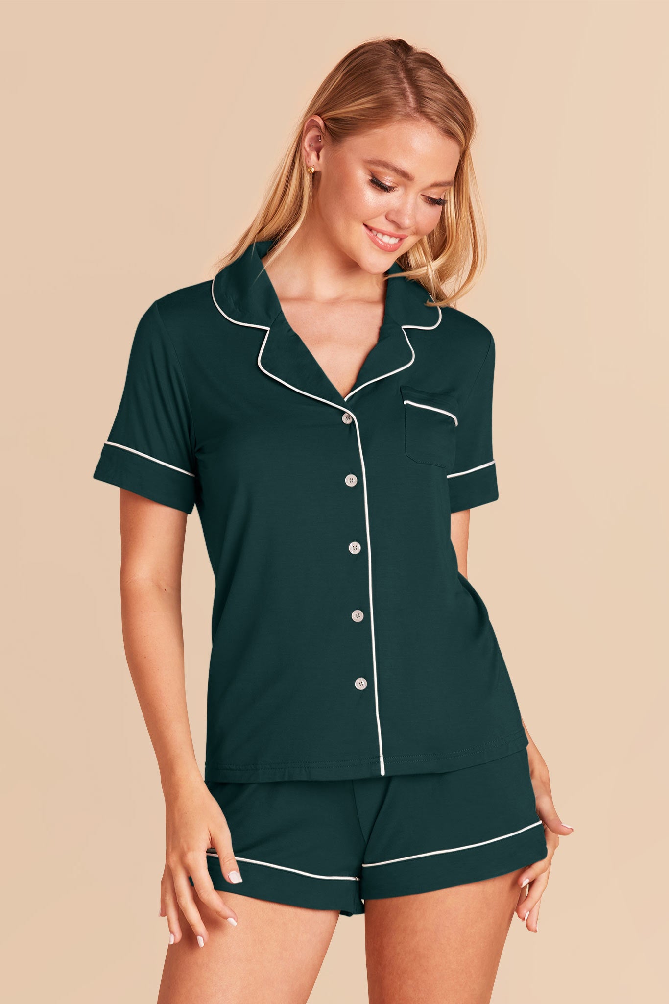 Bridesmaid Pajama Set with Piping | Jonny - Emerald