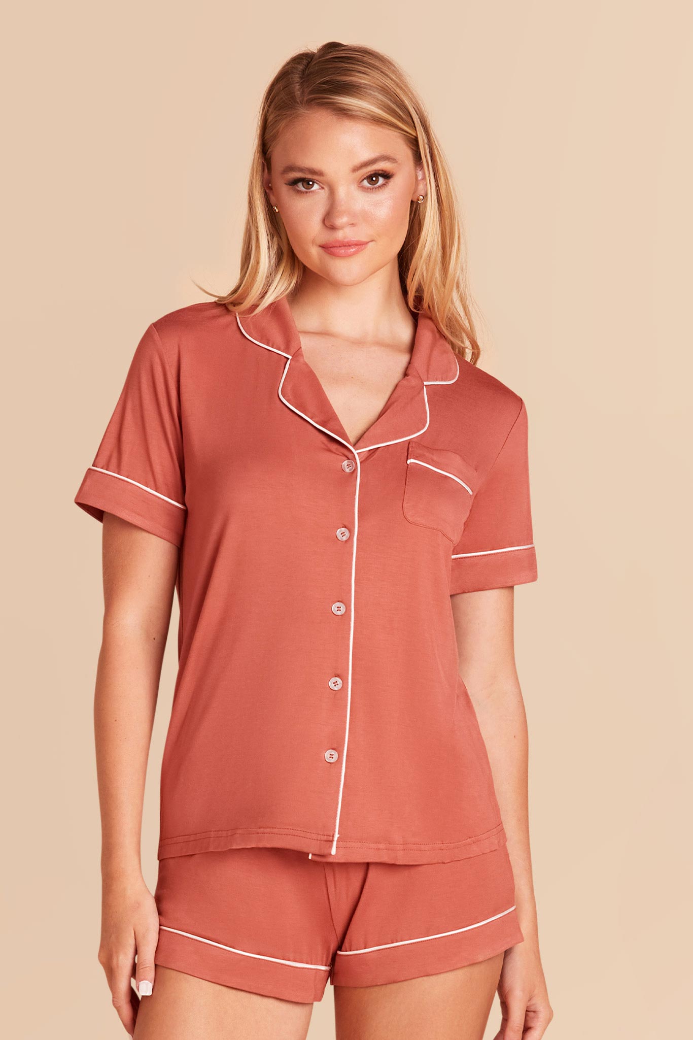 Bridesmaid Pajama Set with Piping | Jonny - Terracotta