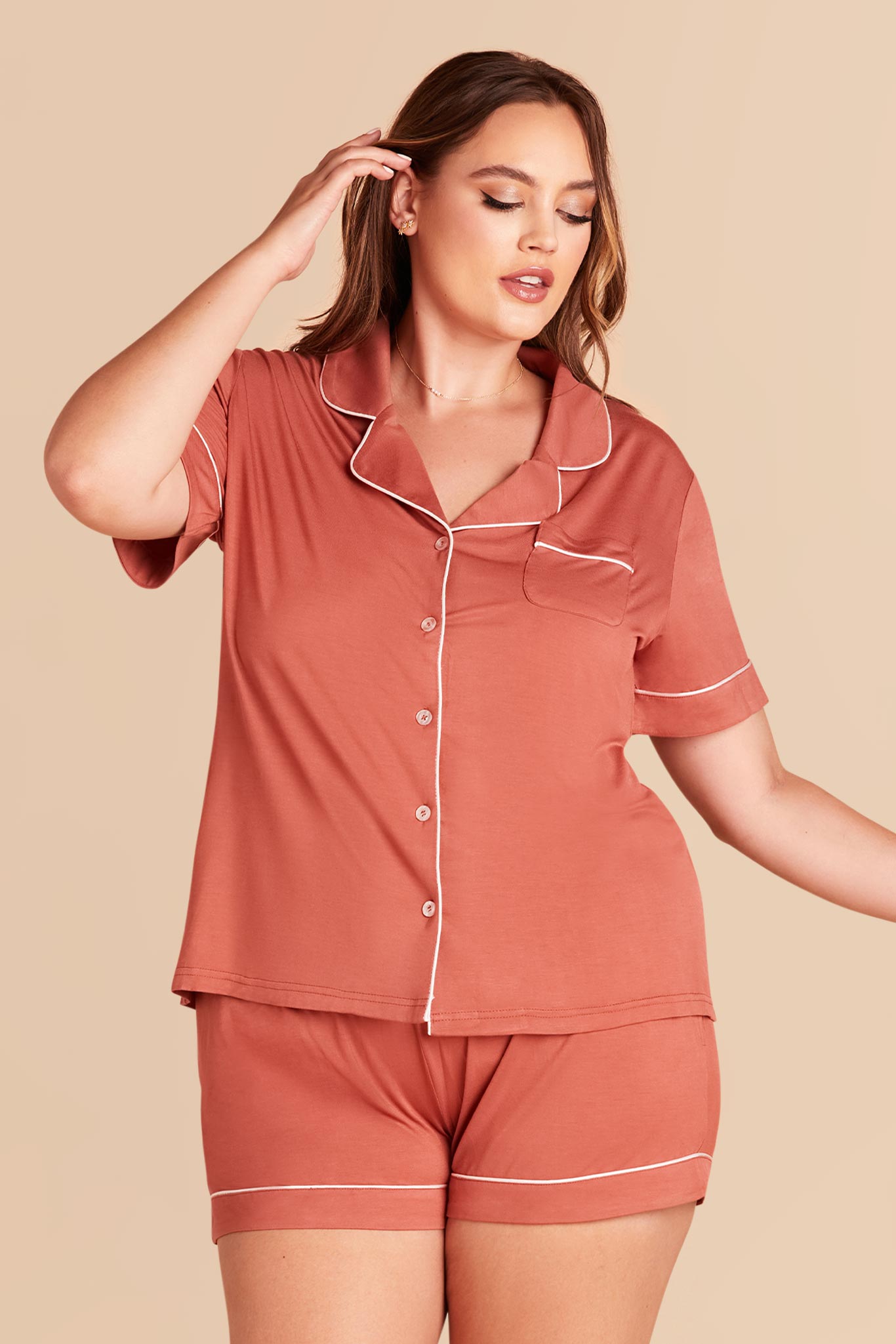 Bridesmaid Pajama Set with Piping | Jonny - Terracotta