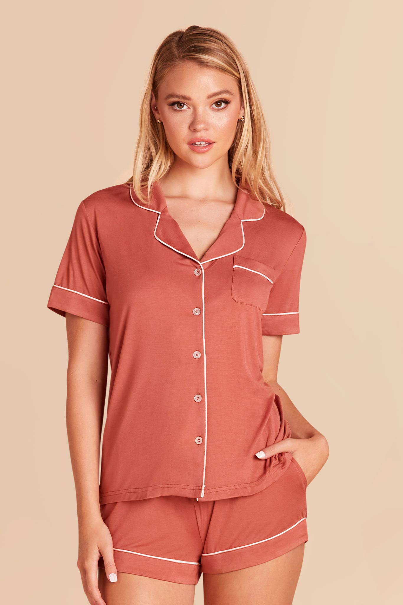 Bridesmaid Pajama Set with Piping | Jonny - Terracotta