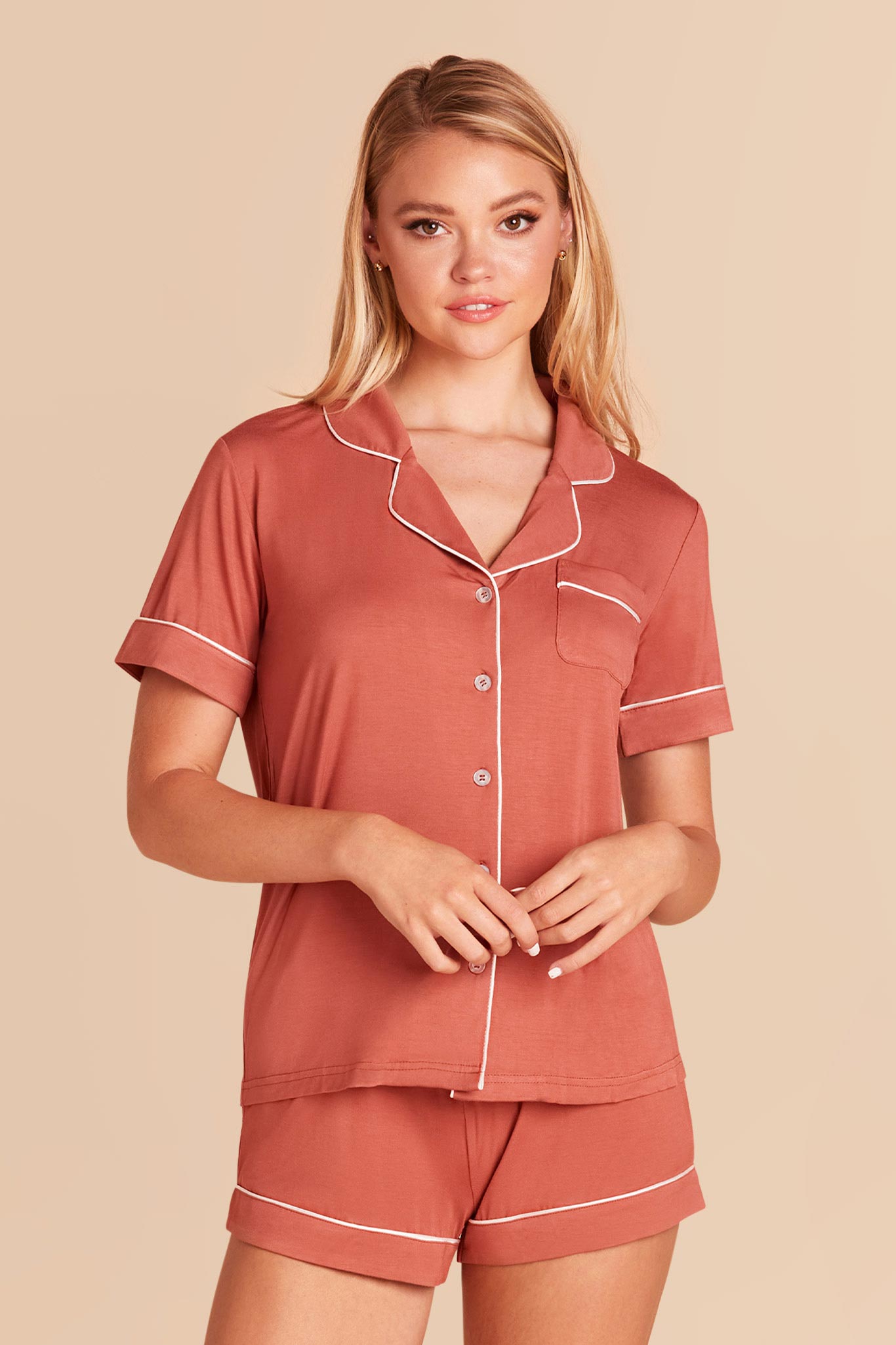 Bridesmaid Pajama Set with Piping | Jonny - Terracotta