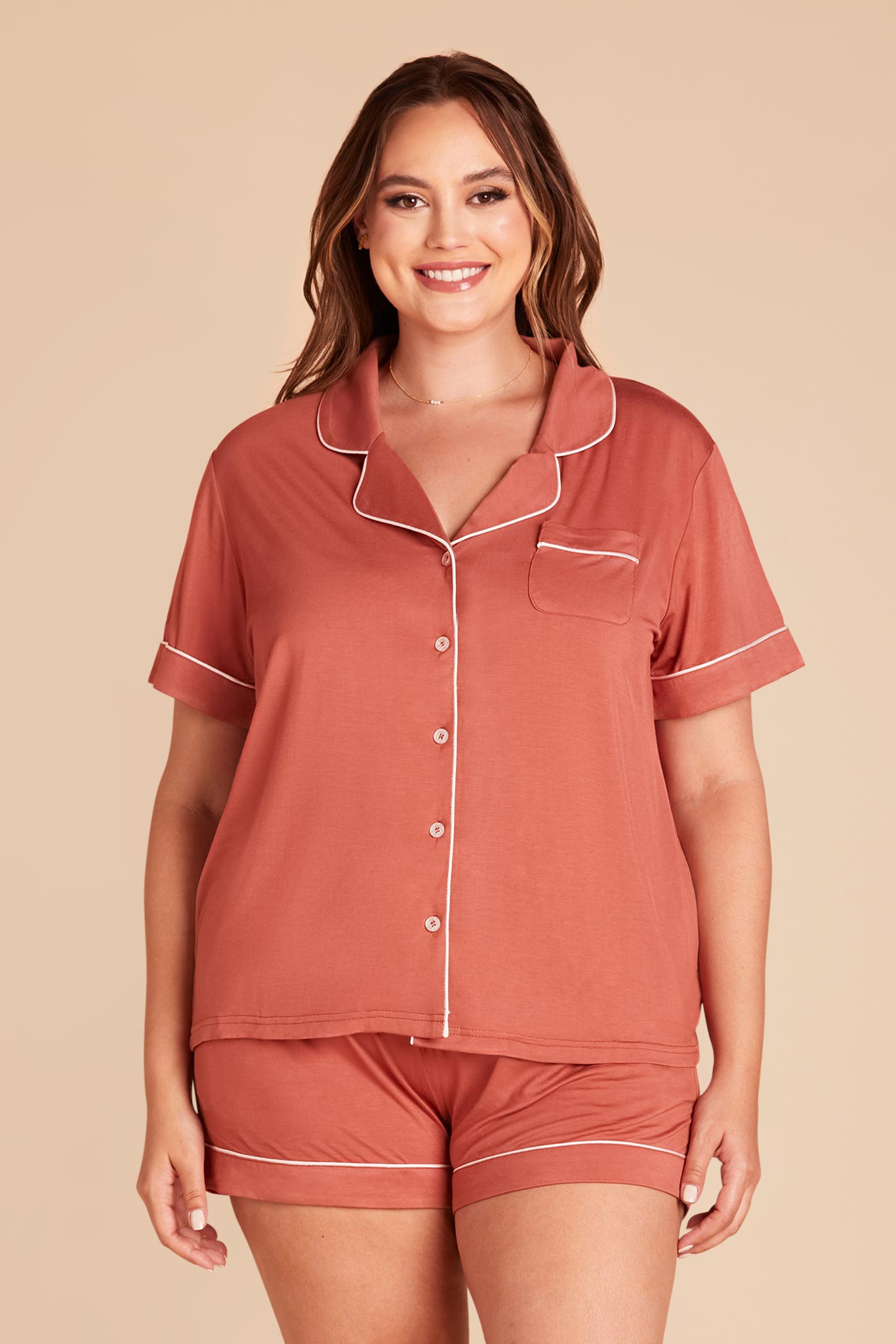 Bridesmaid Pajama Set with Piping | Jonny - Terracotta