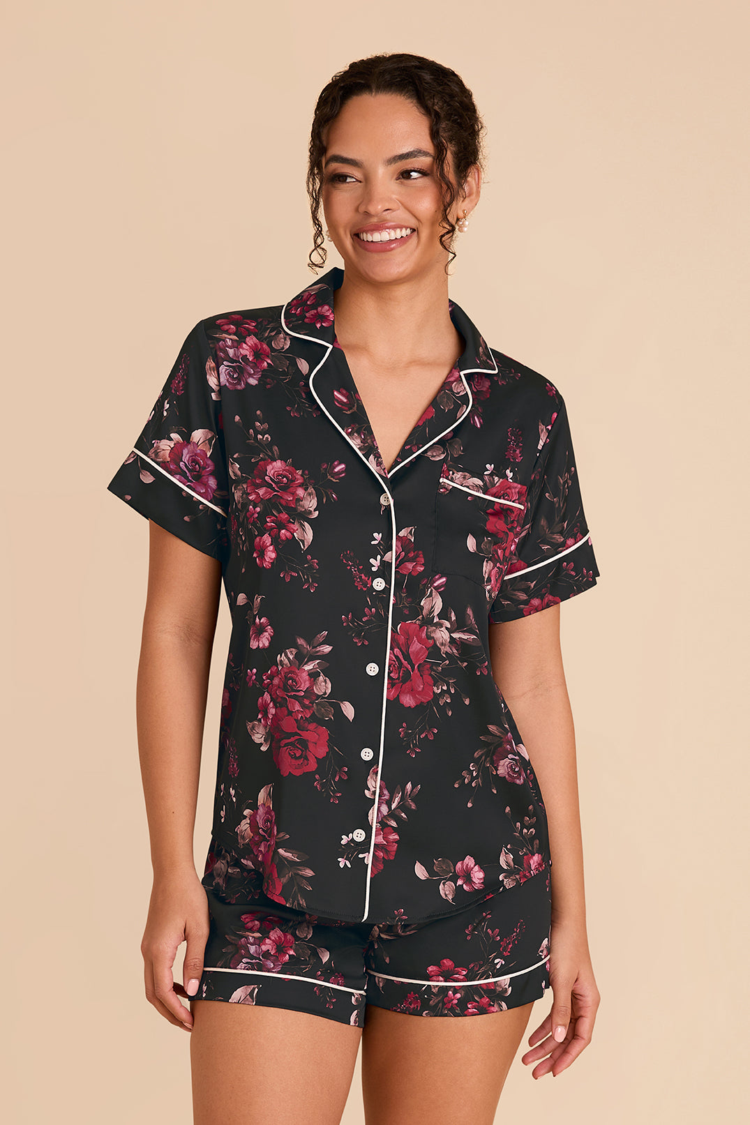 Floral Pajama Set for Women - Black Fleurs D'Amour | Jonny Satin