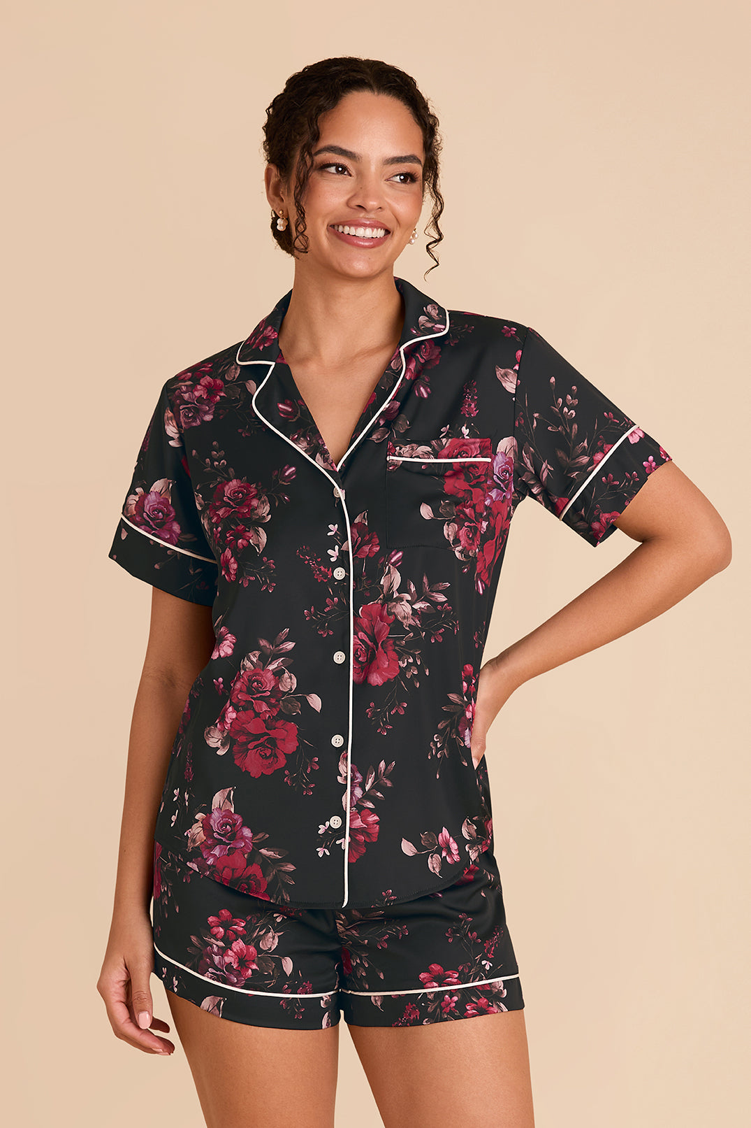Floral Pajama Set for Women - Black Fleurs D'Amour | Jonny Satin