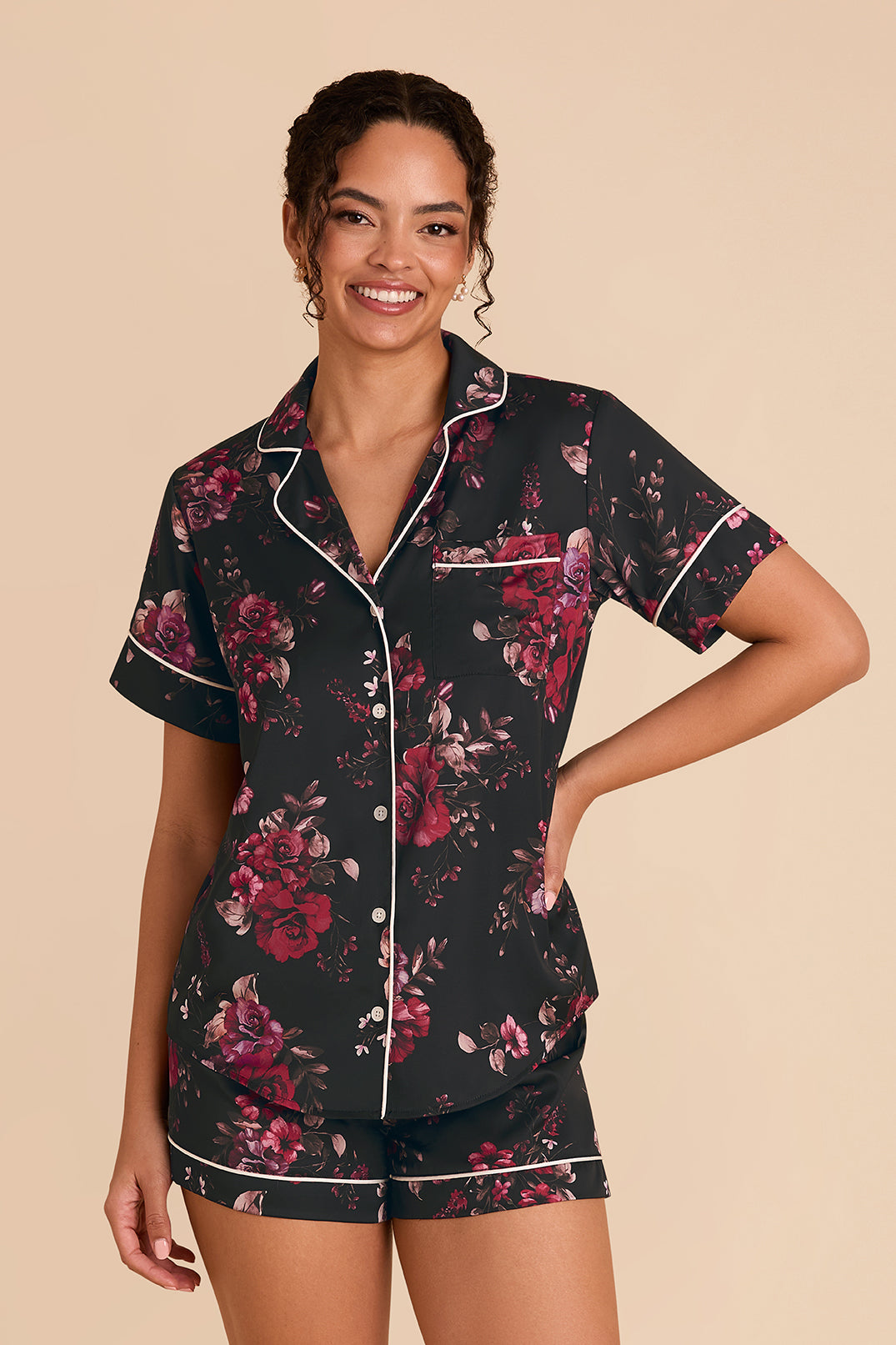 Floral Pajama Set for Women - Black Fleurs D'Amour | Jonny Satin