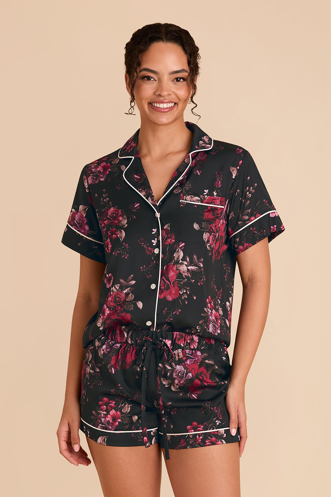 Floral Pajama Set for Women - Black Fleurs D'Amour | Jonny Satin
