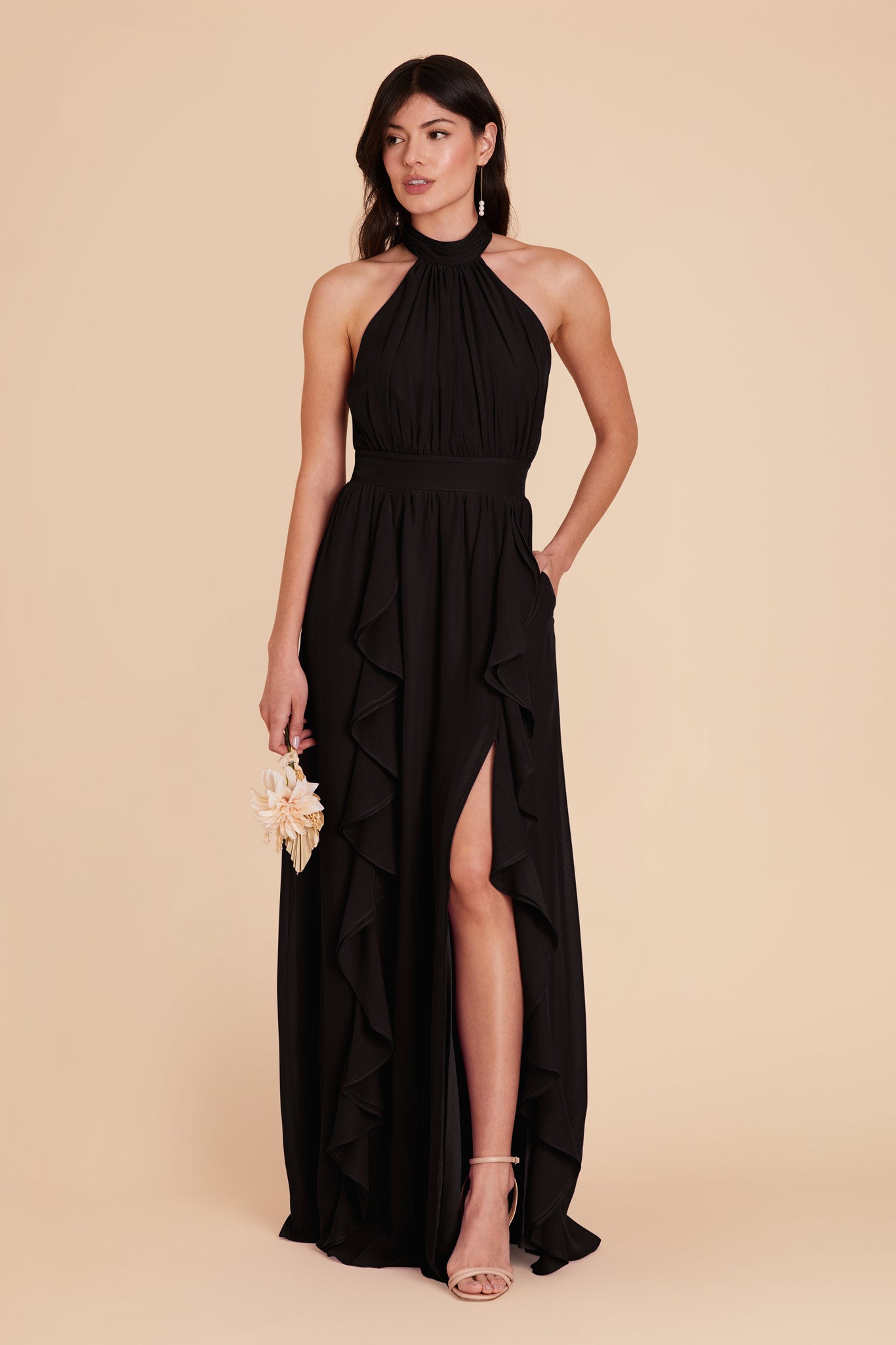 Elegant Black Chiffon Dress with Ruffled Trim & High Neckline | Joyce