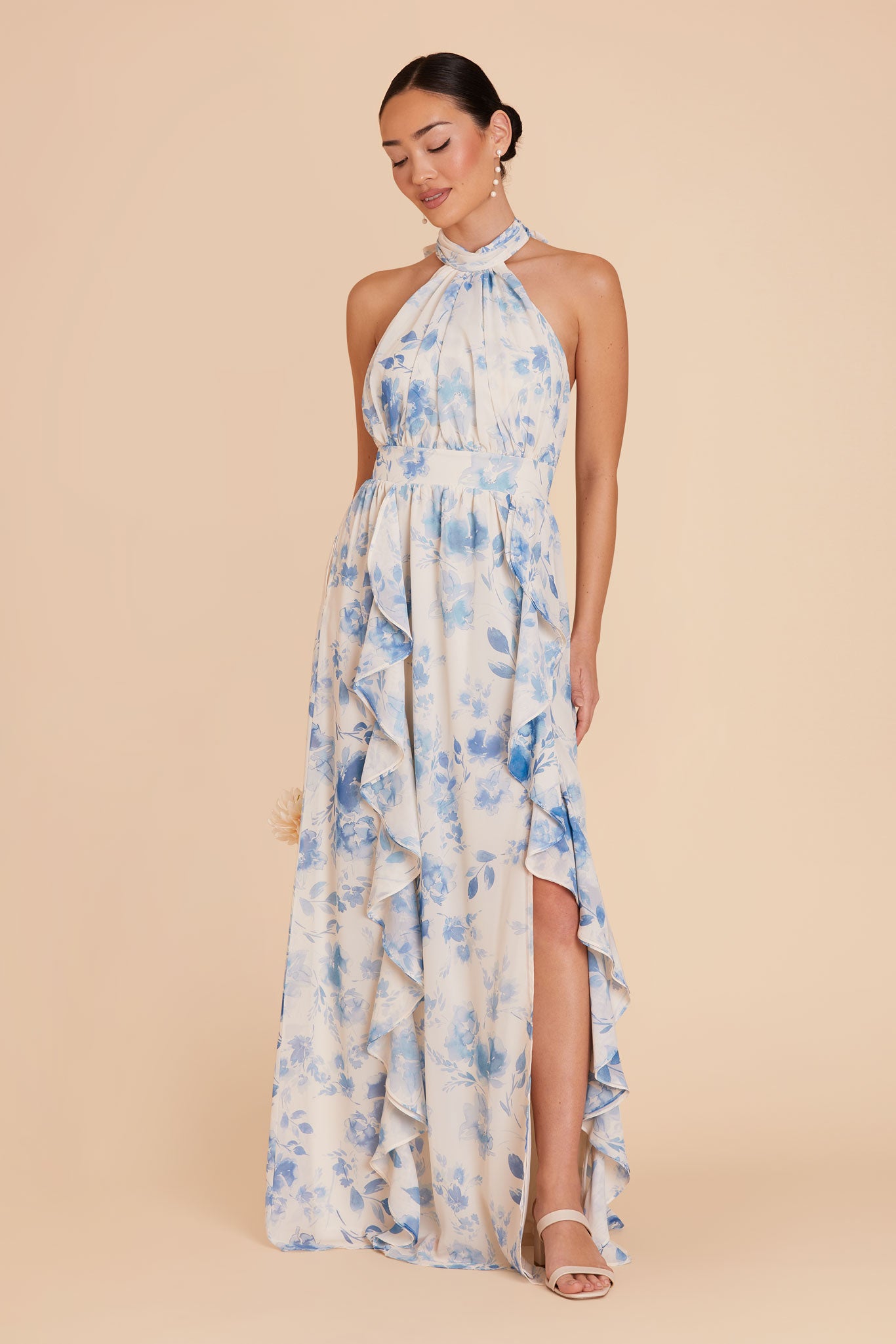 Elegant Chiffon Dress with Ruffled Trim & High Neckline | Joyce Blue Floral