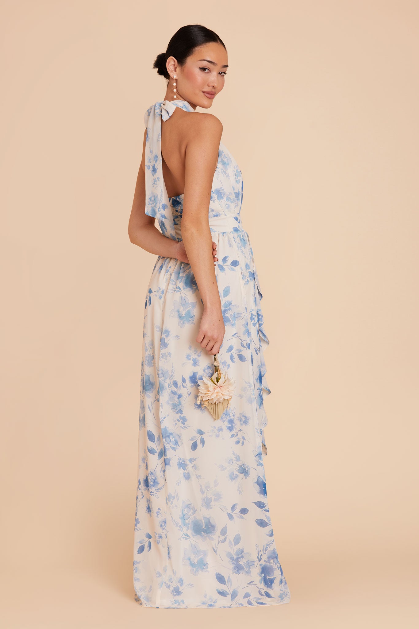 Elegant Chiffon Dress with Ruffled Trim & High Neckline | Joyce Blue Floral