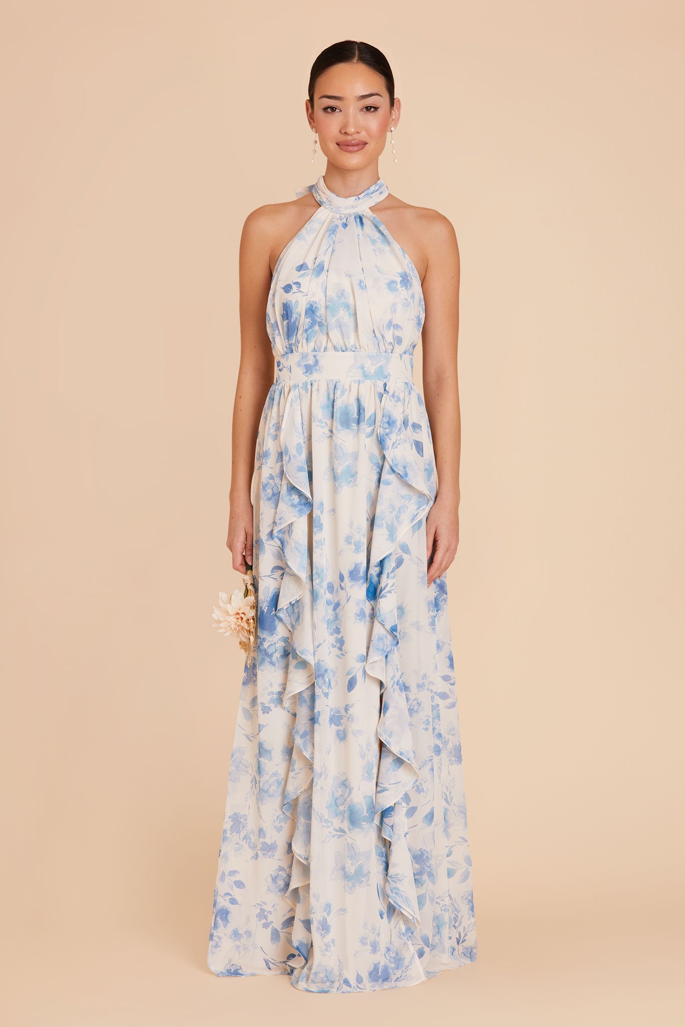 Elegant Chiffon Dress with Ruffled Trim & High Neckline | Joyce Blue Floral