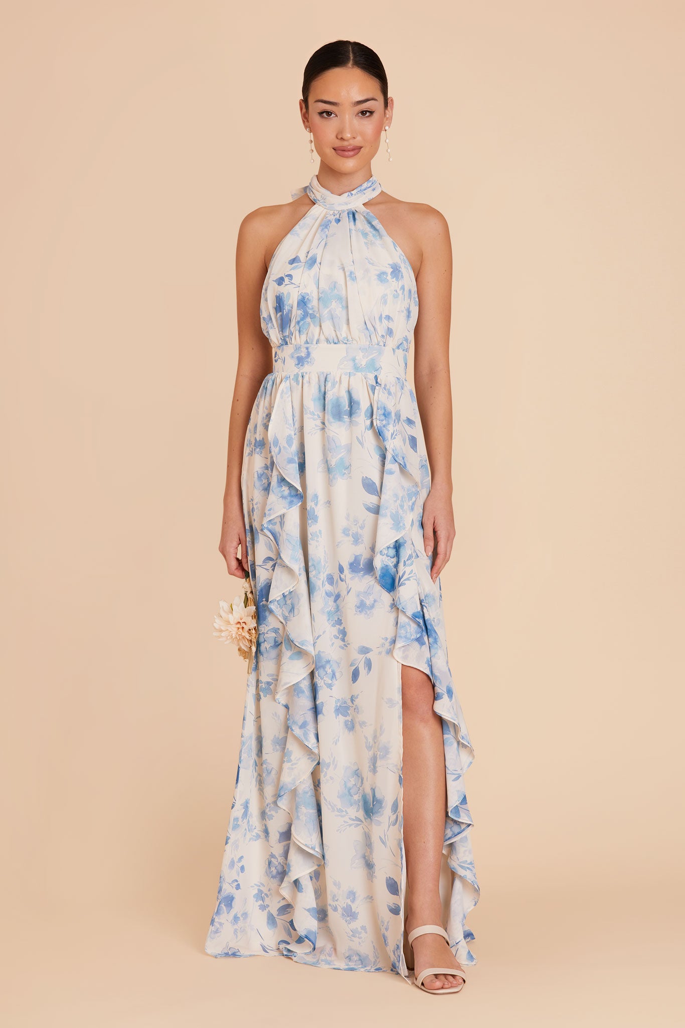 Elegant Chiffon Dress with Ruffled Trim & High Neckline | Joyce Blue Floral