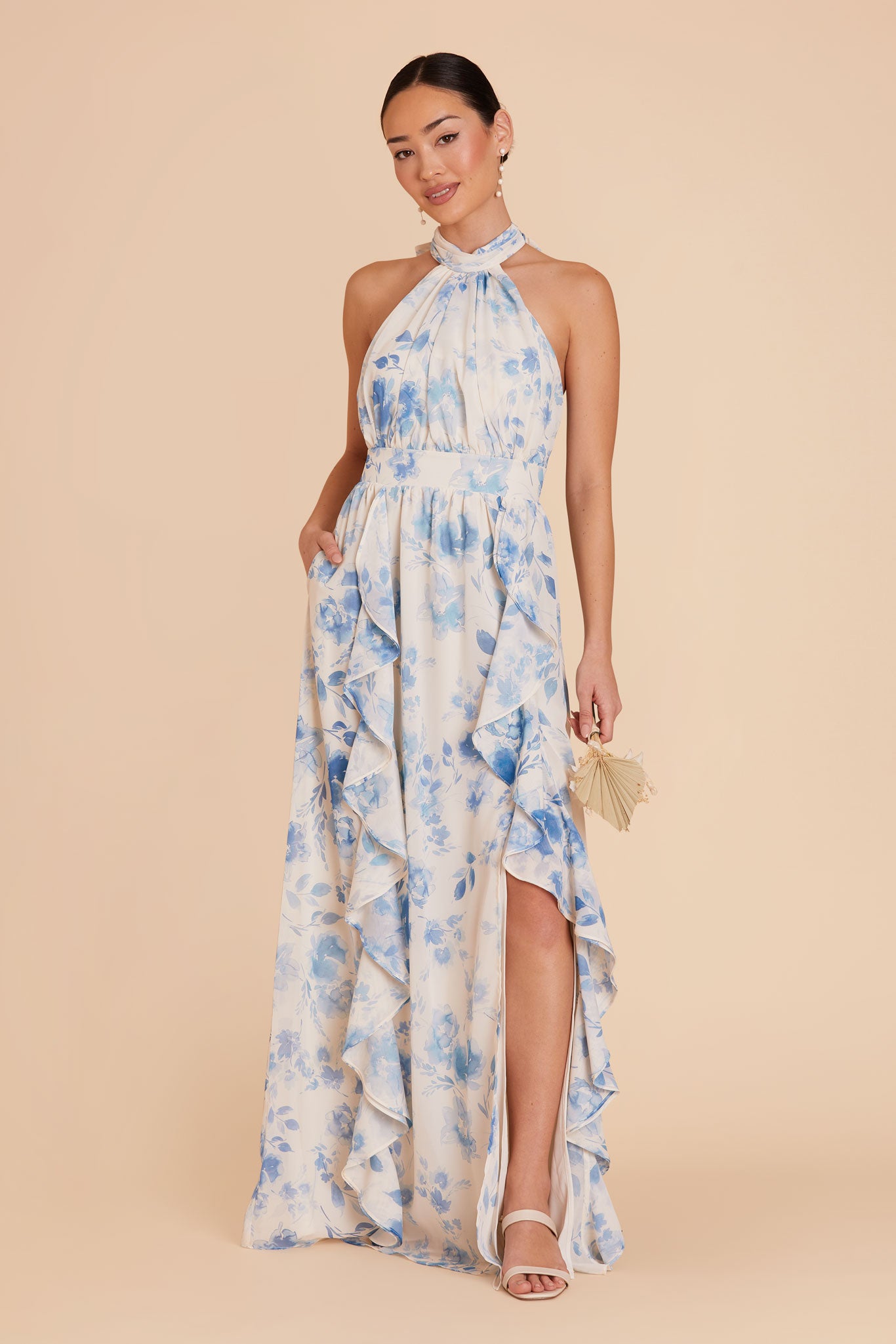 Elegant Chiffon Dress with Ruffled Trim & High Neckline | Joyce Blue Floral