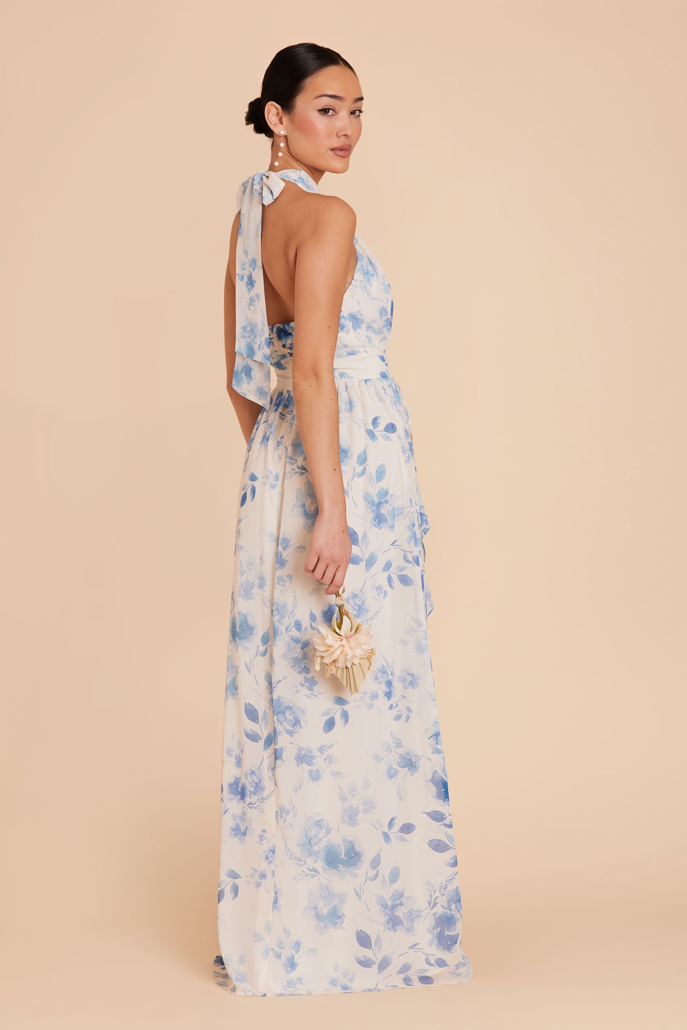 Elegant Chiffon Dress with Ruffled Trim & High Neckline | Joyce Blue Floral