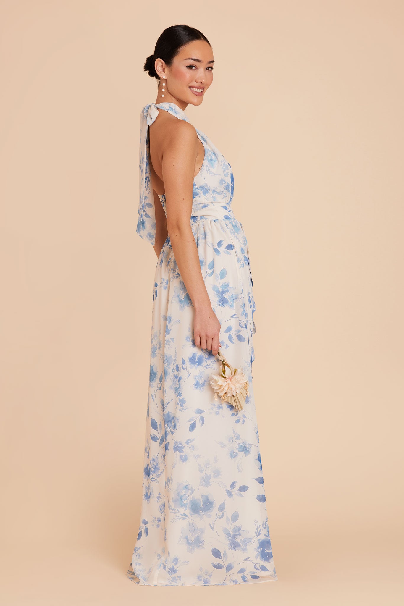 Elegant Chiffon Dress with Ruffled Trim & High Neckline | Joyce Blue Floral