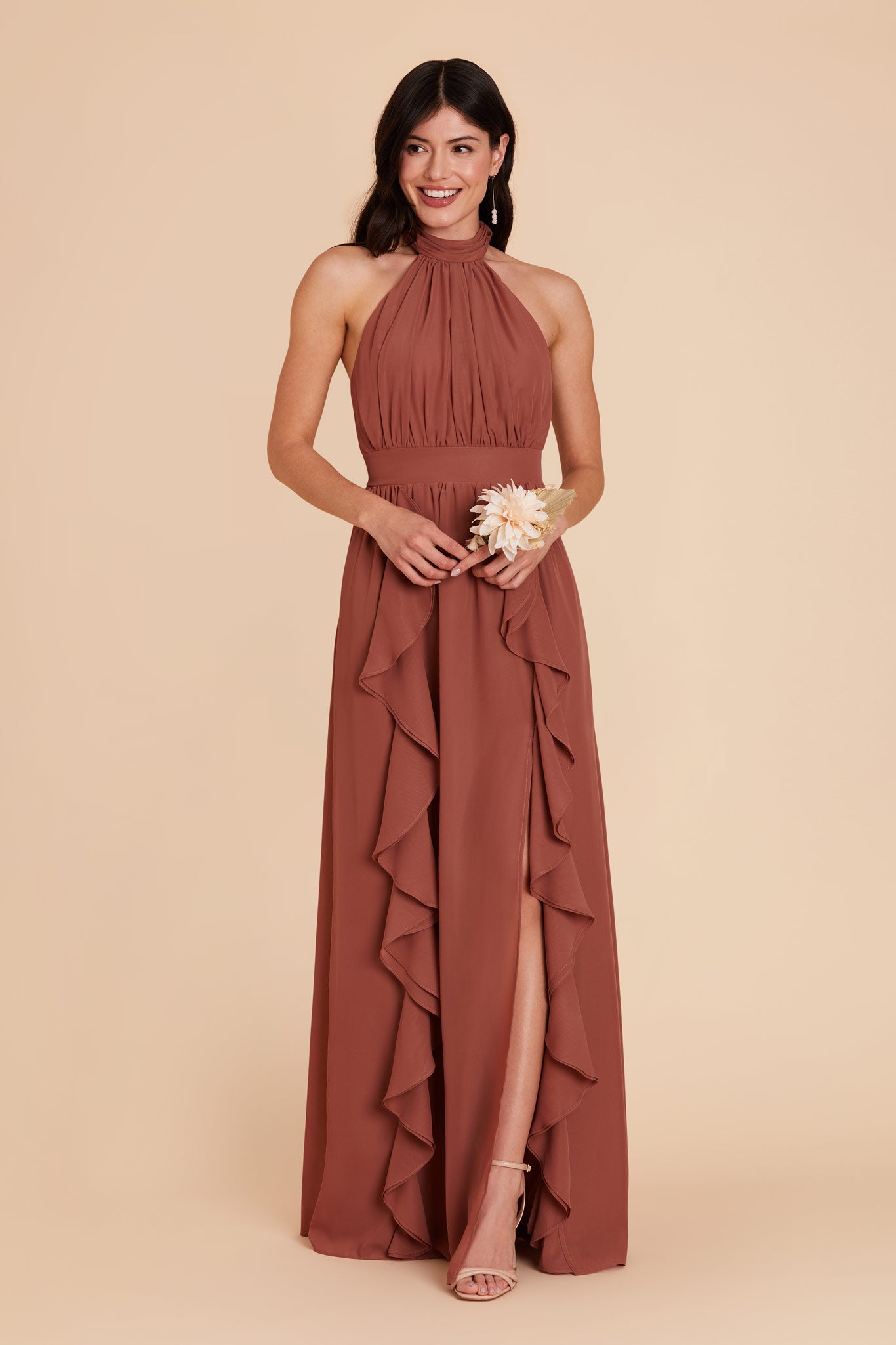 Chiffon Dress with Ruffled Trim & High Neckline | Joyce Desert Rose