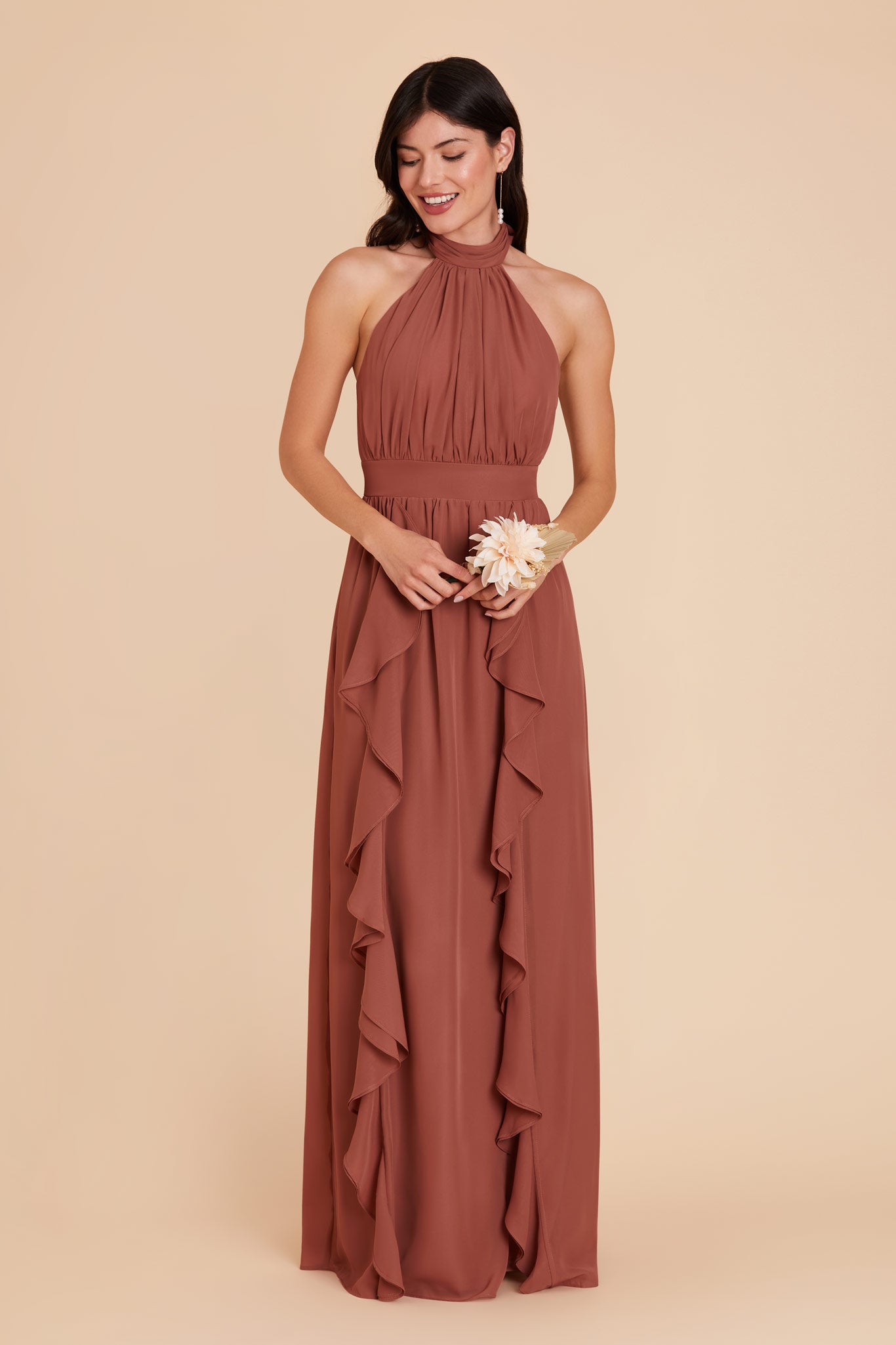 Chiffon Dress with Ruffled Trim & High Neckline | Joyce Desert Rose