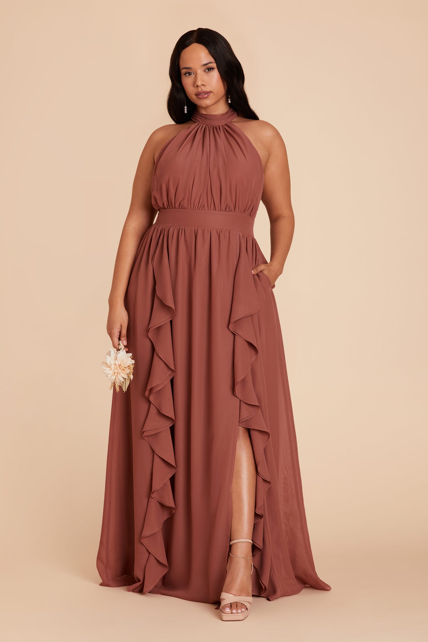 Chiffon Dress with Ruffled Trim & High Neckline | Joyce Desert Rose